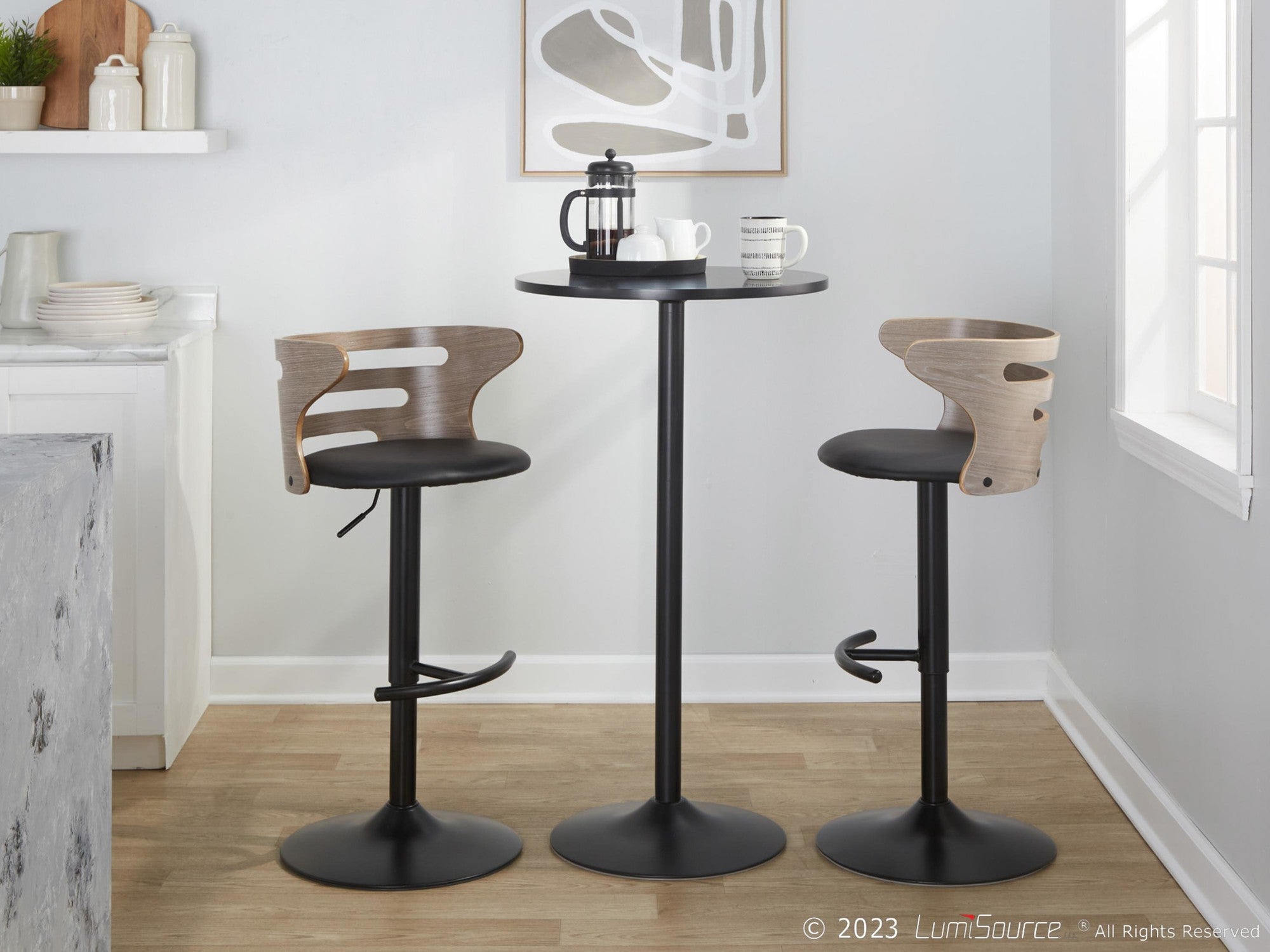 Cosi Adjustable Barstool - Set of 2 - Black Metal, Light Grey Wood, Black PU