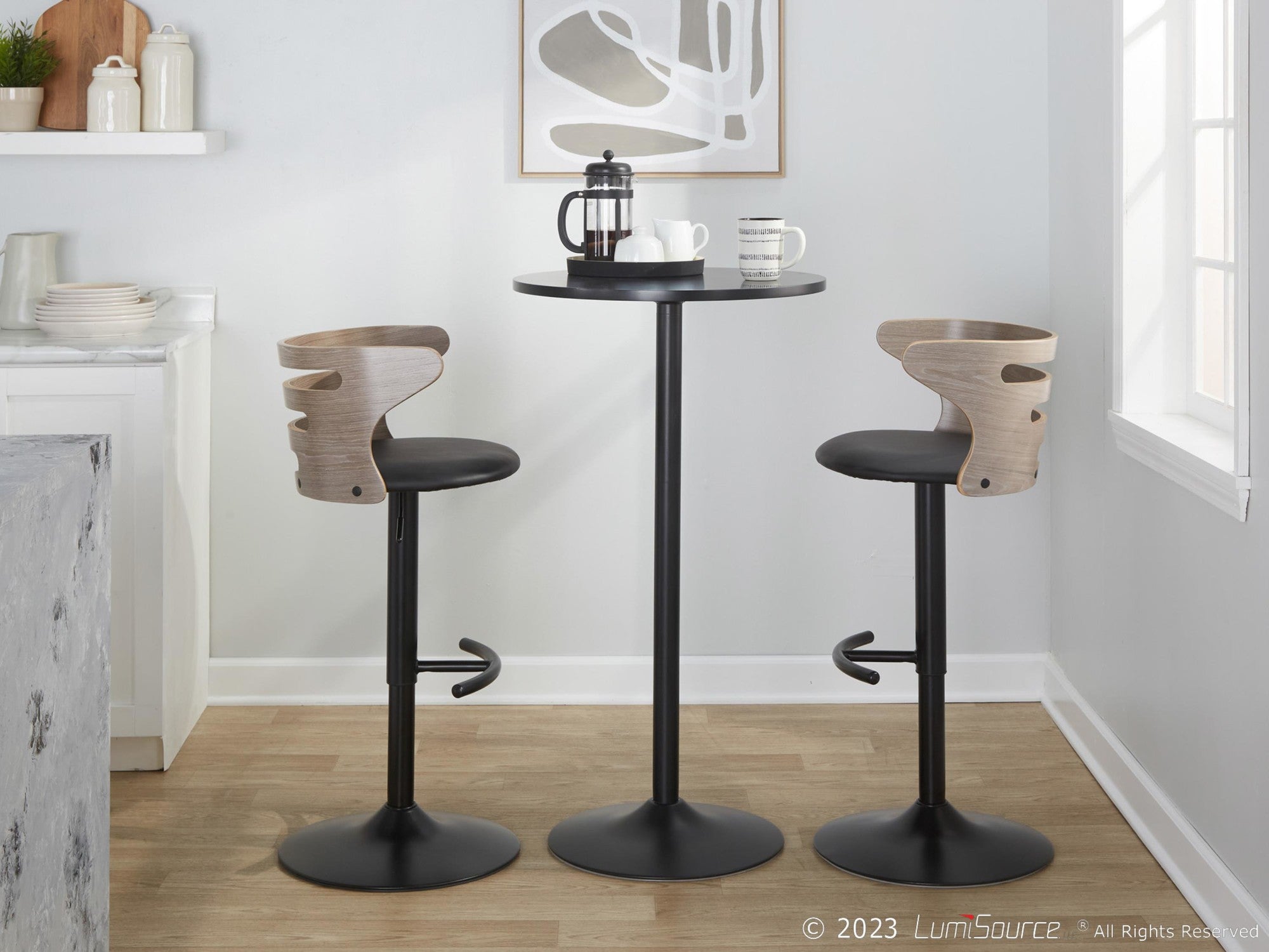 Cosi Adjustable Barstool - Set of 2 - Black Metal, Light Grey Wood, Black PU