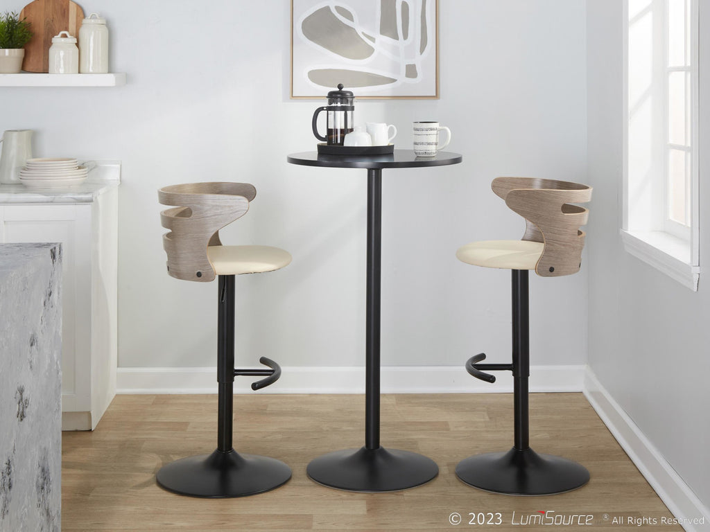 Cosi Adjustable Barstool - Set of 2 - Black Metal, Light Grey Wood, Cream PU