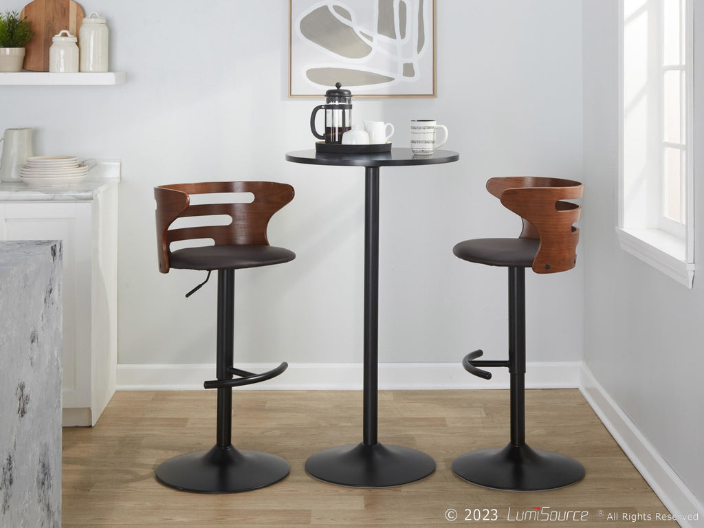 Cosi Adjustable Barstool - Set of 2 - Black Metal, Walnut Wood, Brown PU