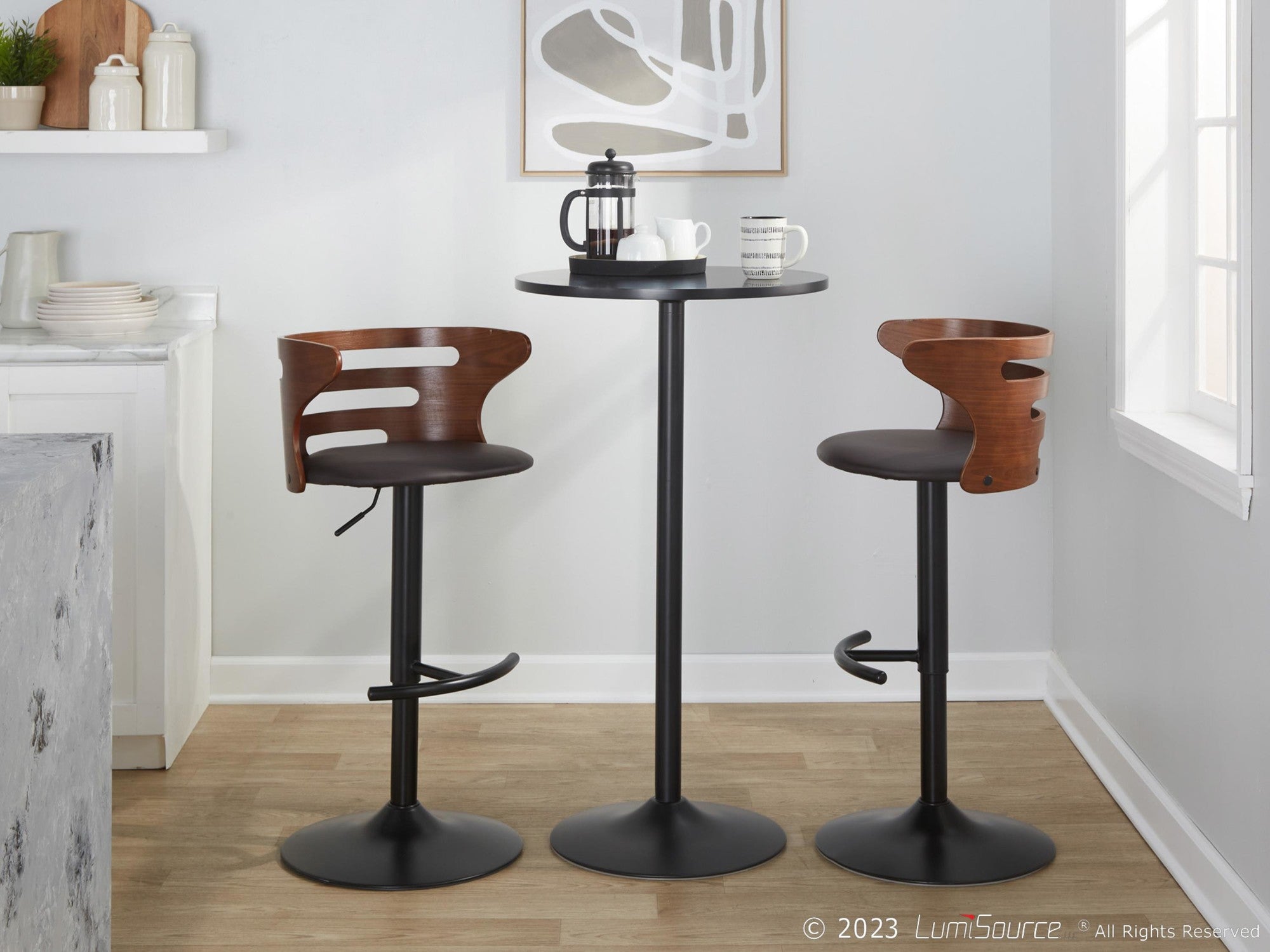 Cosi Adjustable Barstool - Set of 2 - Black Metal, Walnut Wood, Brown PU