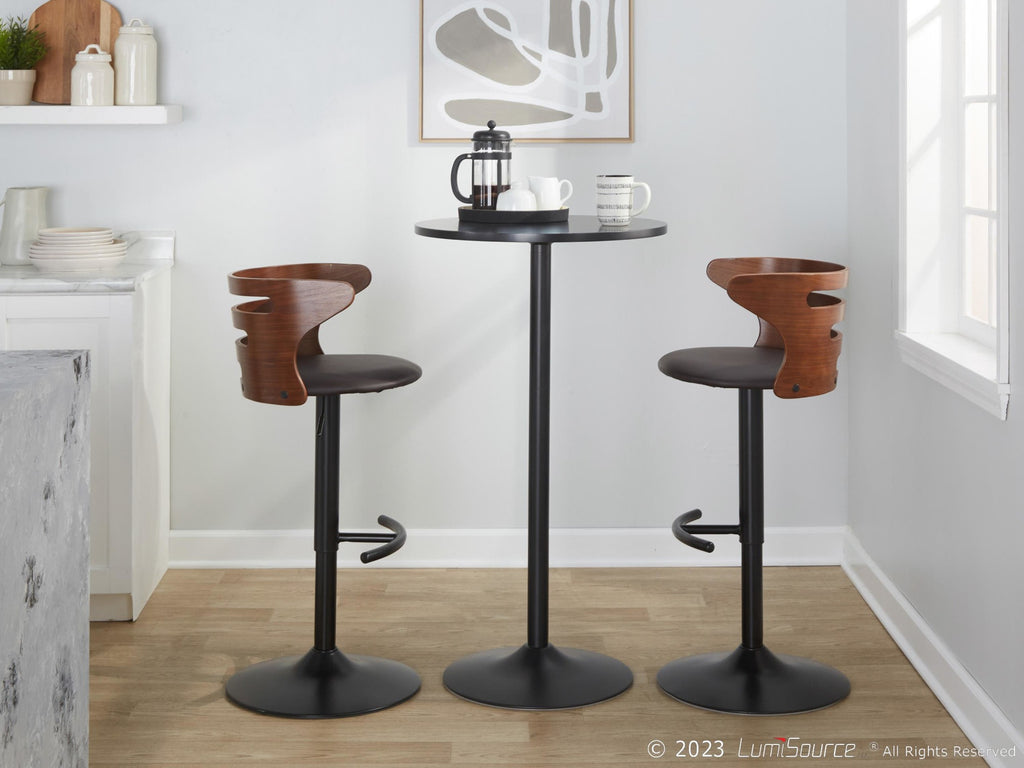 Cosi Adjustable Barstool - Set of 2 - Black Metal, Walnut Wood, Brown PU