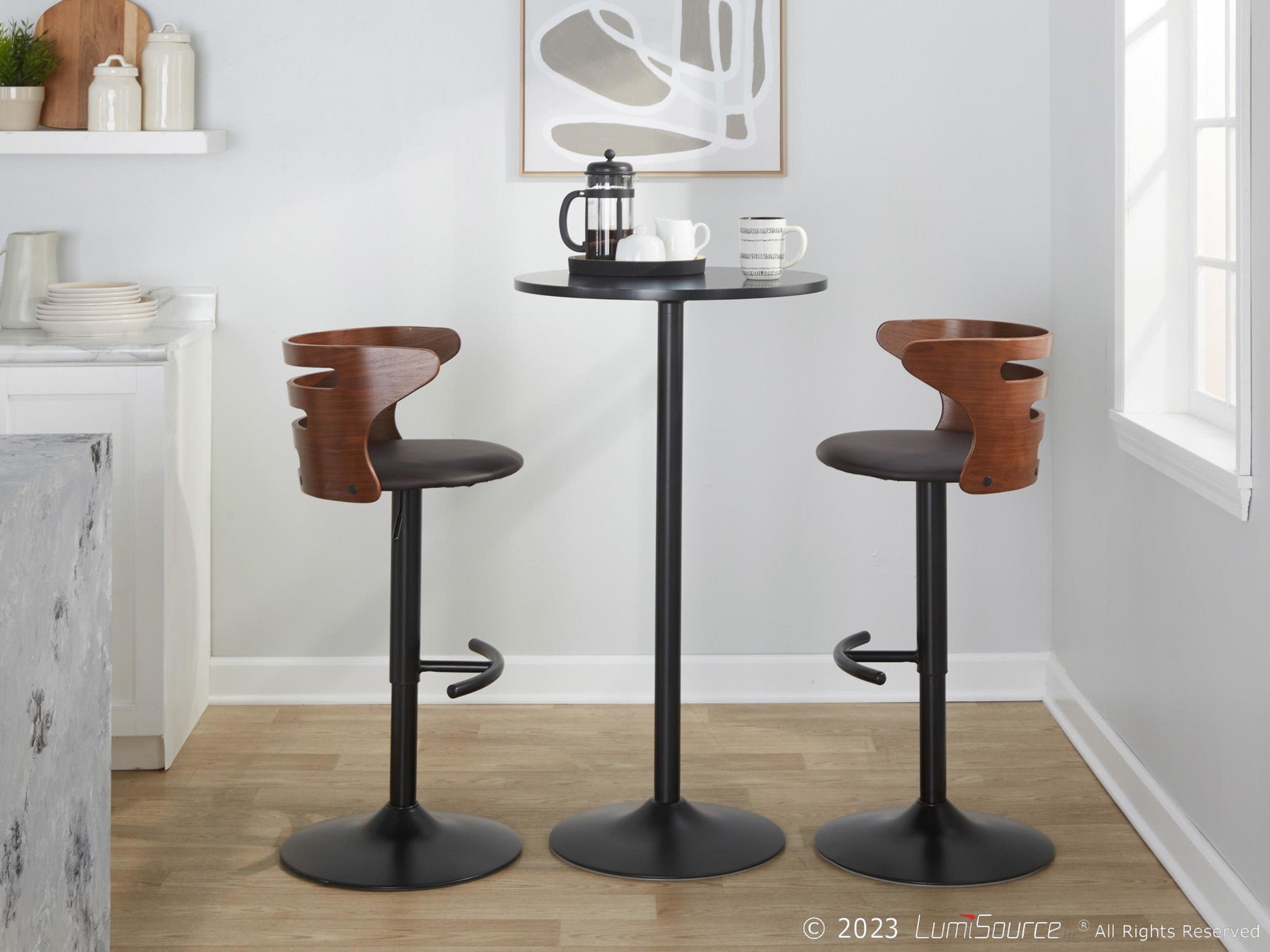 Cosi Adjustable Barstool - Set of 2 - Black Metal, Walnut Wood, Brown PU