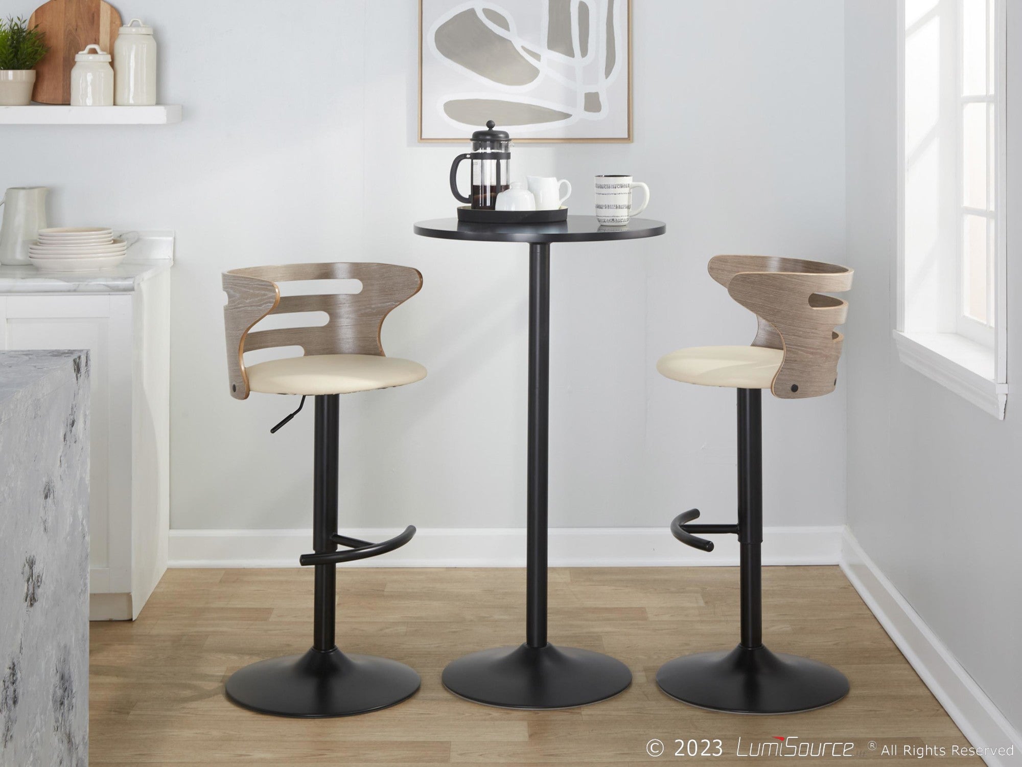 Cosi Adjustable Barstool - Set of 2 - Black Metal, Light Grey Wood, Cream PU