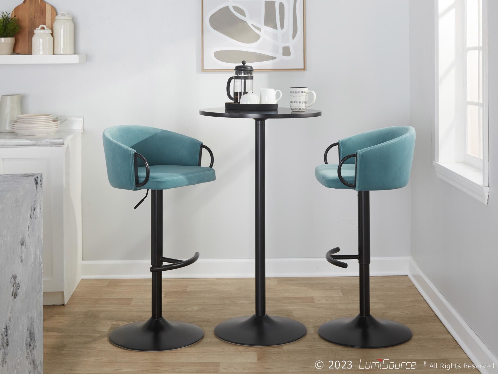 Claire Adjustable Barstool – Set of 2 - Black Metal, Light Blue Velvet