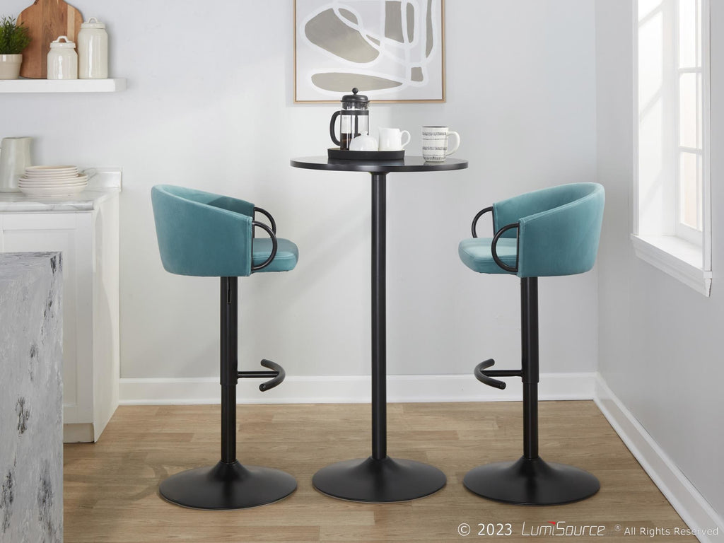 Claire Adjustable Barstool – Set of 2 - Black Metal, Light Blue Velvet