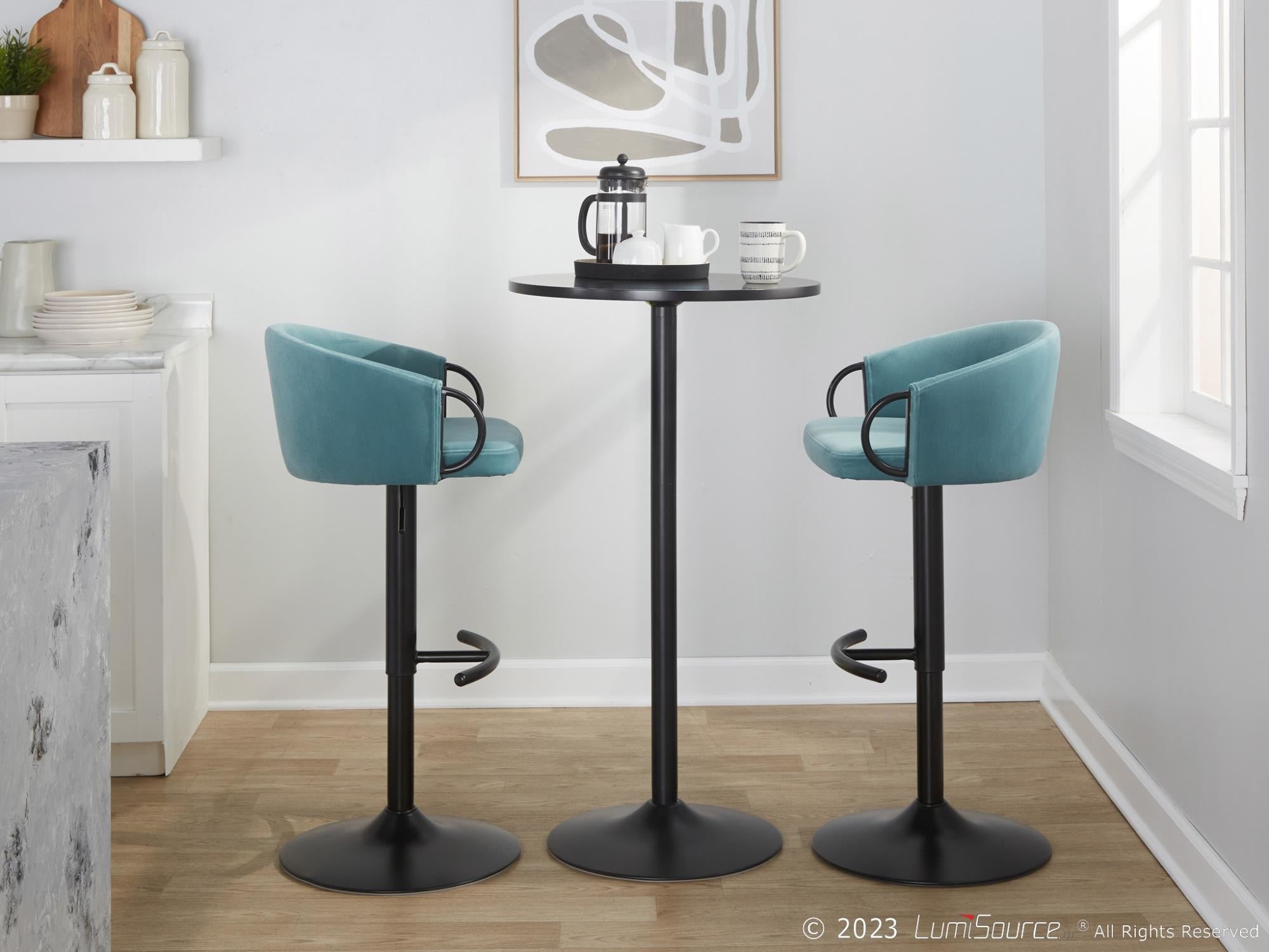 Claire Adjustable Barstool – Set of 2 - Black Metal, Light Blue Velvet