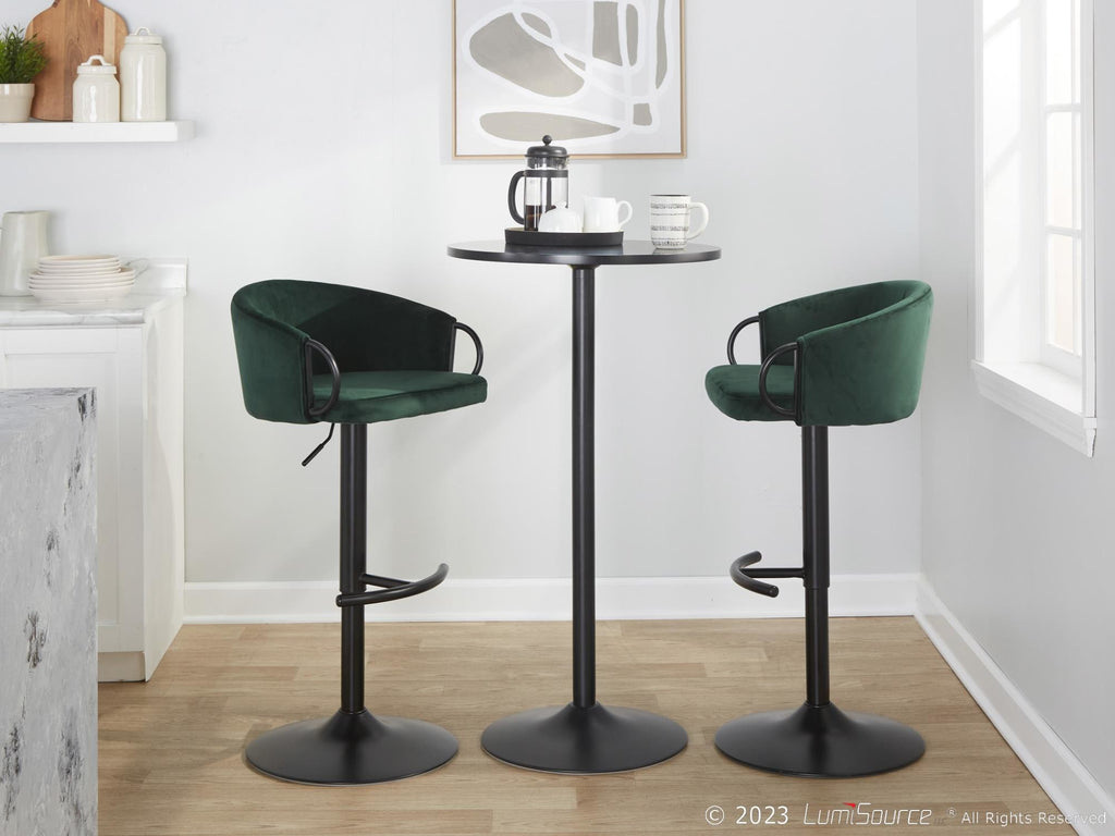 Claire Adjustable Barstool – Set of 2 - Black Metal, Green Velvet