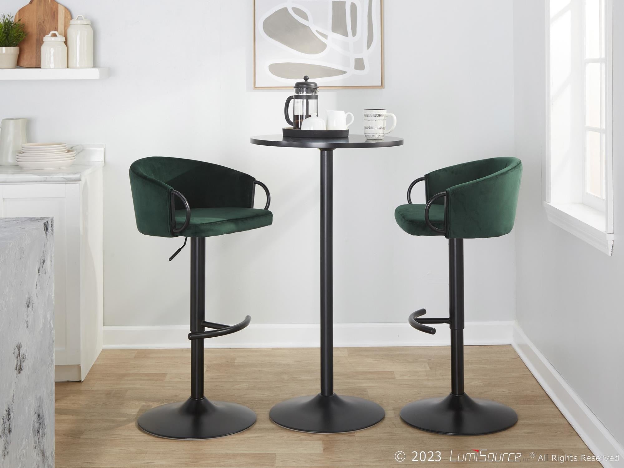 Claire Adjustable Barstool – Set of 2 - Black Metal, Green Velvet
