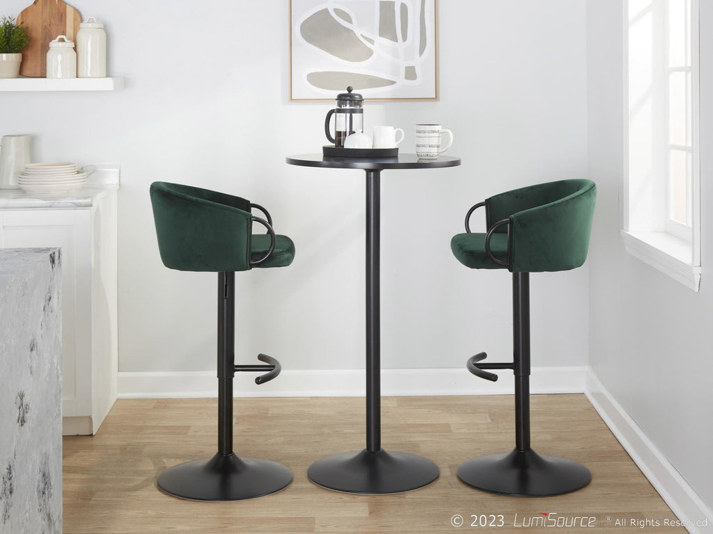 Claire Adjustable Barstool – Set of 2 - Black Metal, Green Velvet