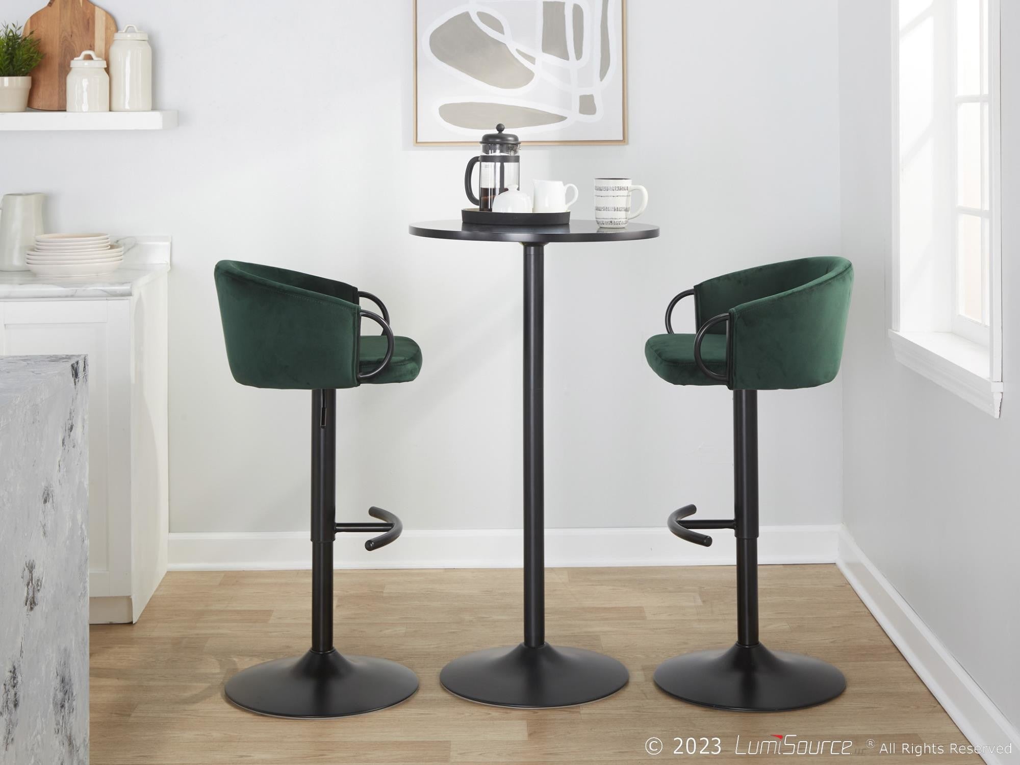 Claire Adjustable Barstool – Set of 2 - Black Metal, Green Velvet