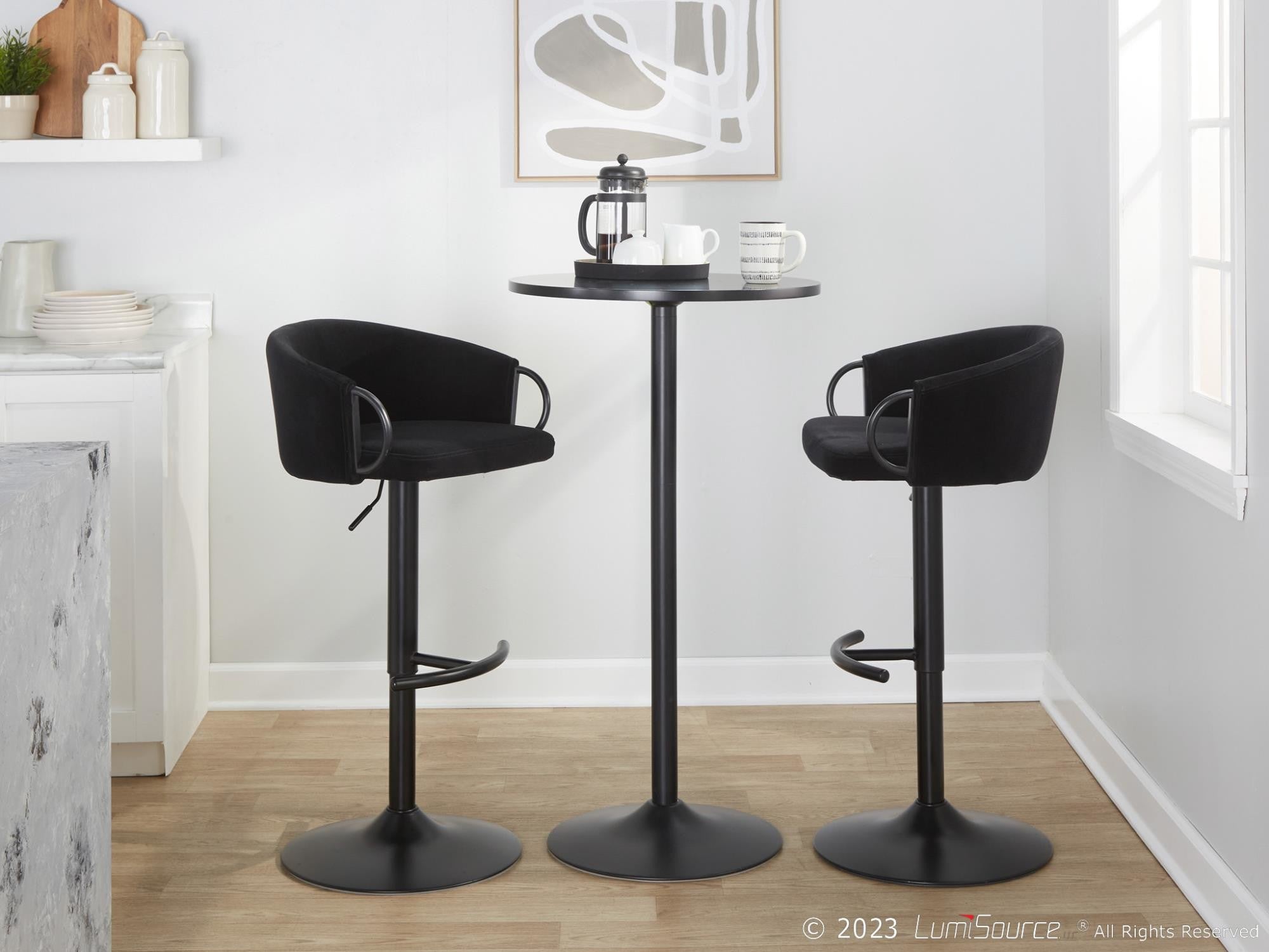 Claire Adjustable Barstool – Set of 2 - Black Metal, Black Velvet