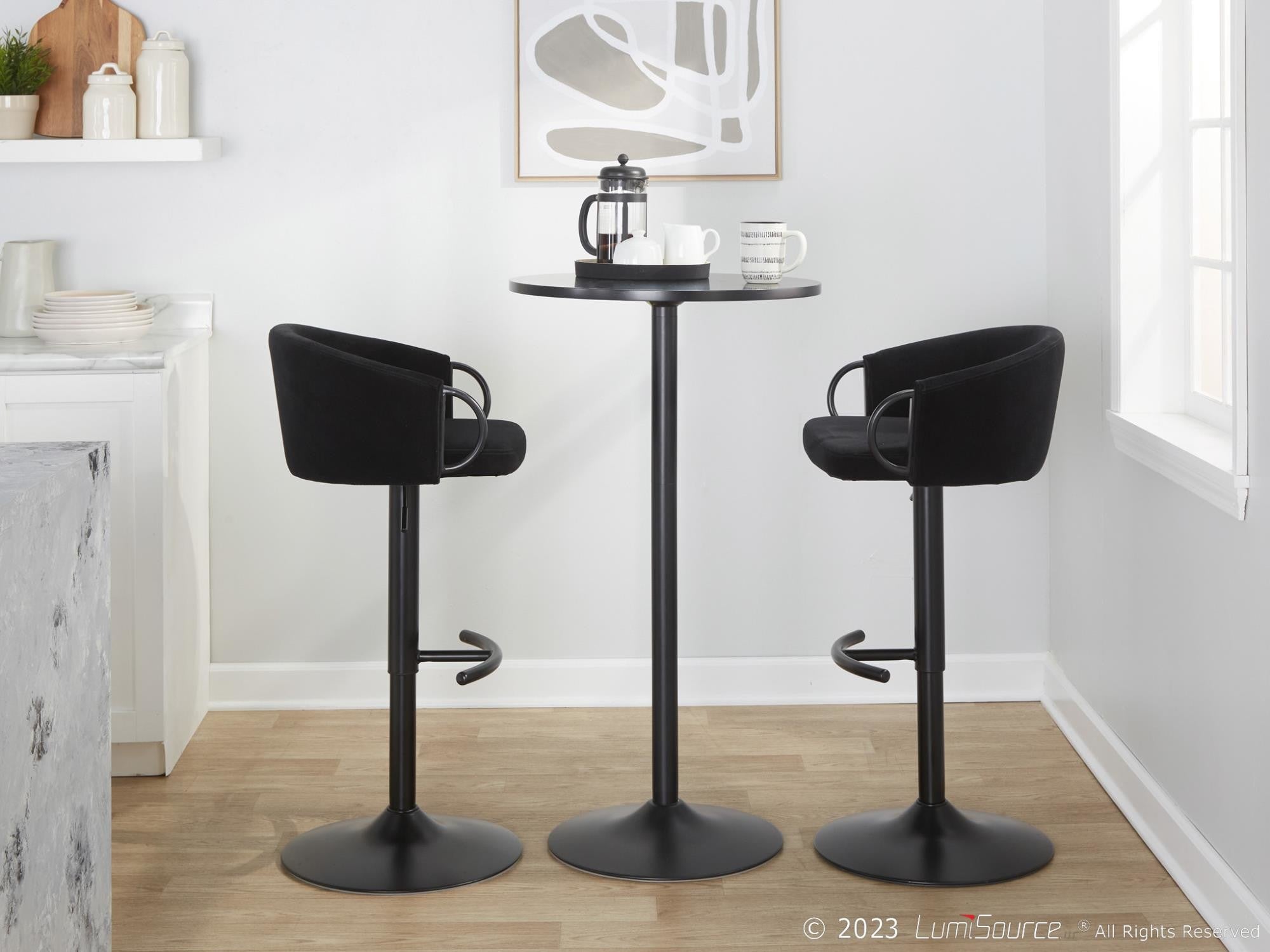 Claire Adjustable Barstool – Set of 2 - Black Metal, Black Velvet
