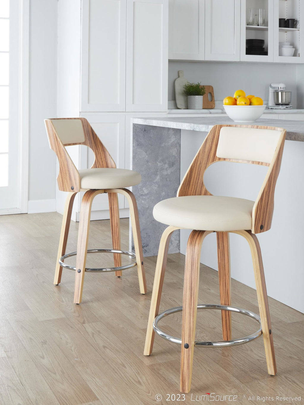 Cecina 24" Fixed-Height Counter Stool - Set of 2 - Chrome Metal, Zebra Wood, Cream PU