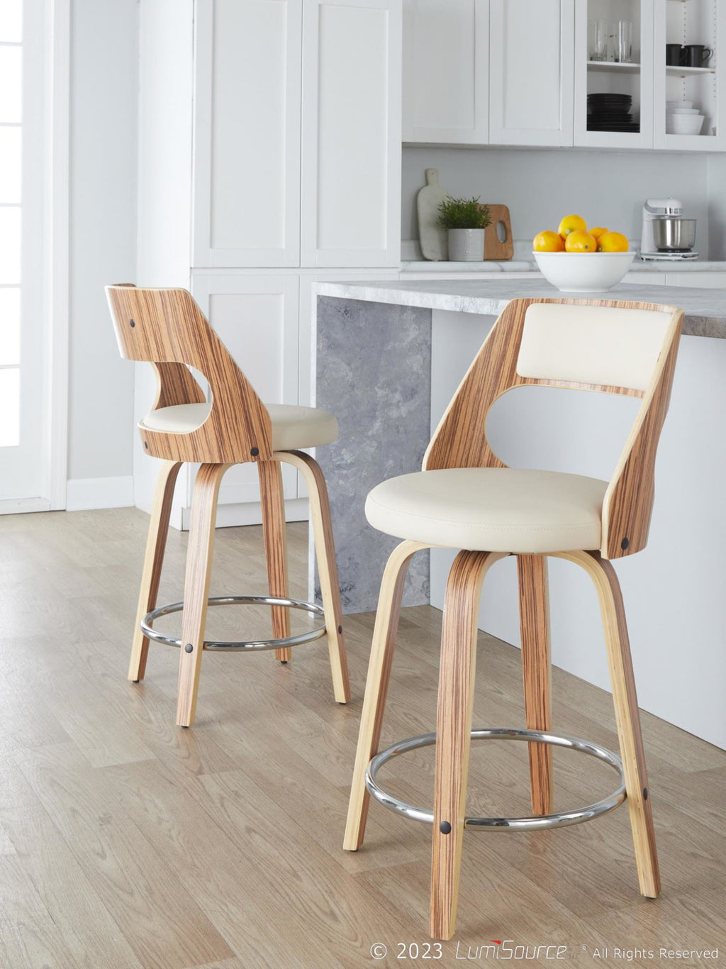 Cecina 24" Fixed-Height Counter Stool - Set of 2 - Chrome Metal, Zebra Wood, Cream PU