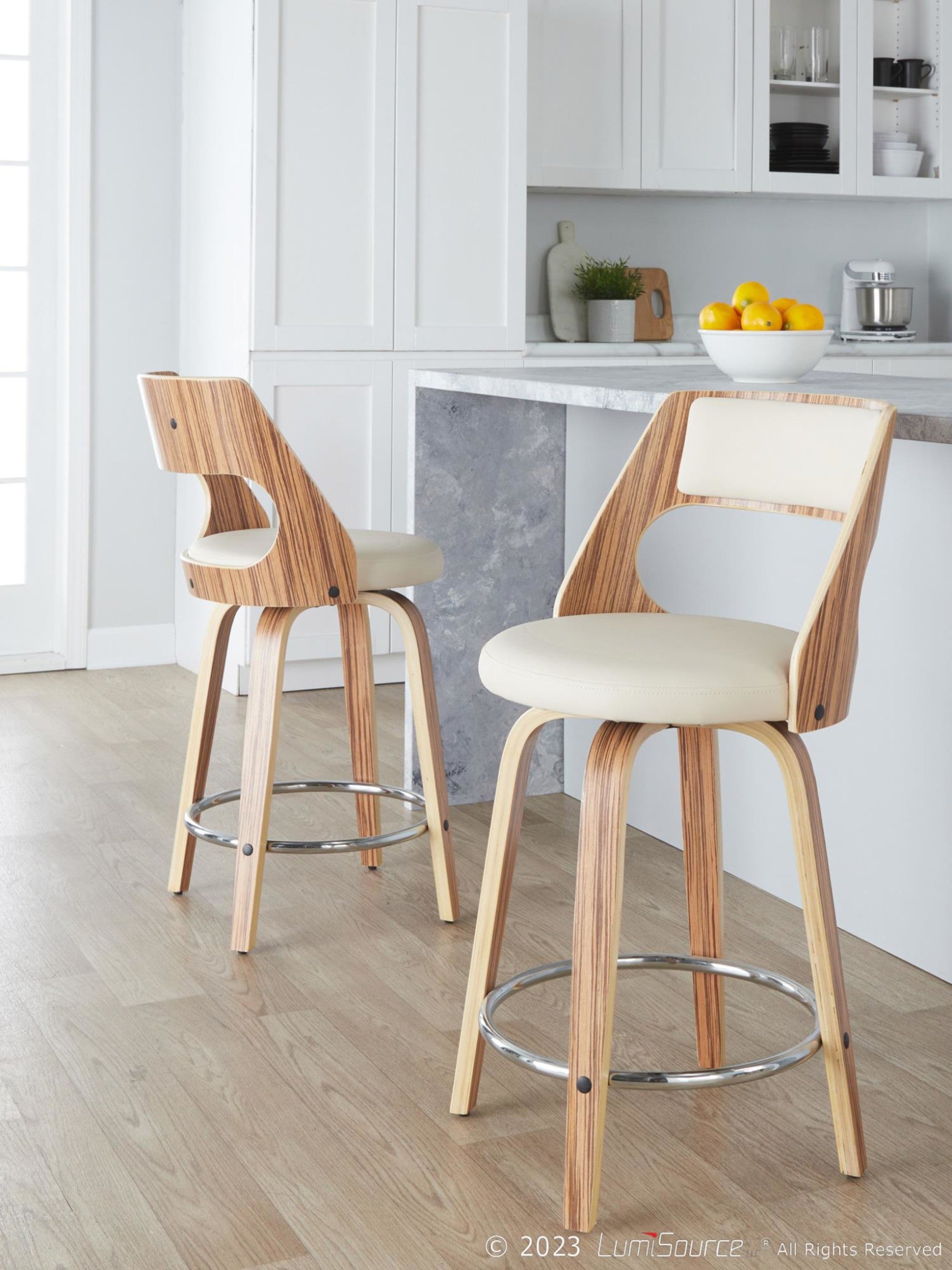 Cecina 24" Fixed-Height Counter Stool - Set of 2 - Chrome Metal, Zebra Wood, Cream PU