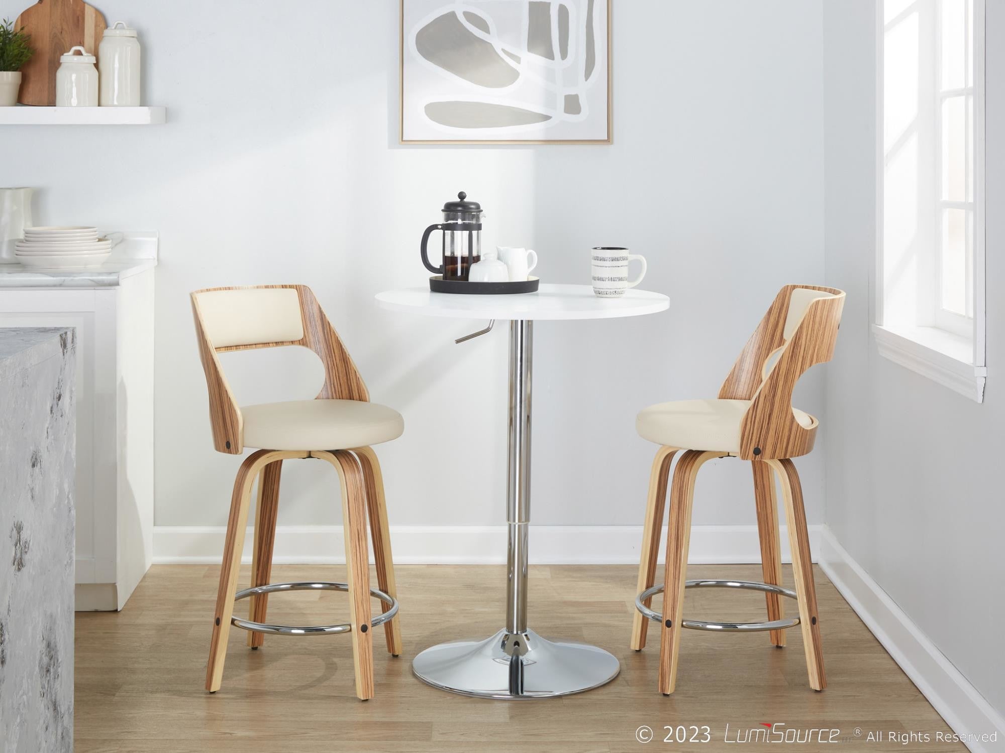 Cecina 24" Fixed-Height Counter Stool - Set of 2 - Chrome Metal, Zebra Wood, Cream PU