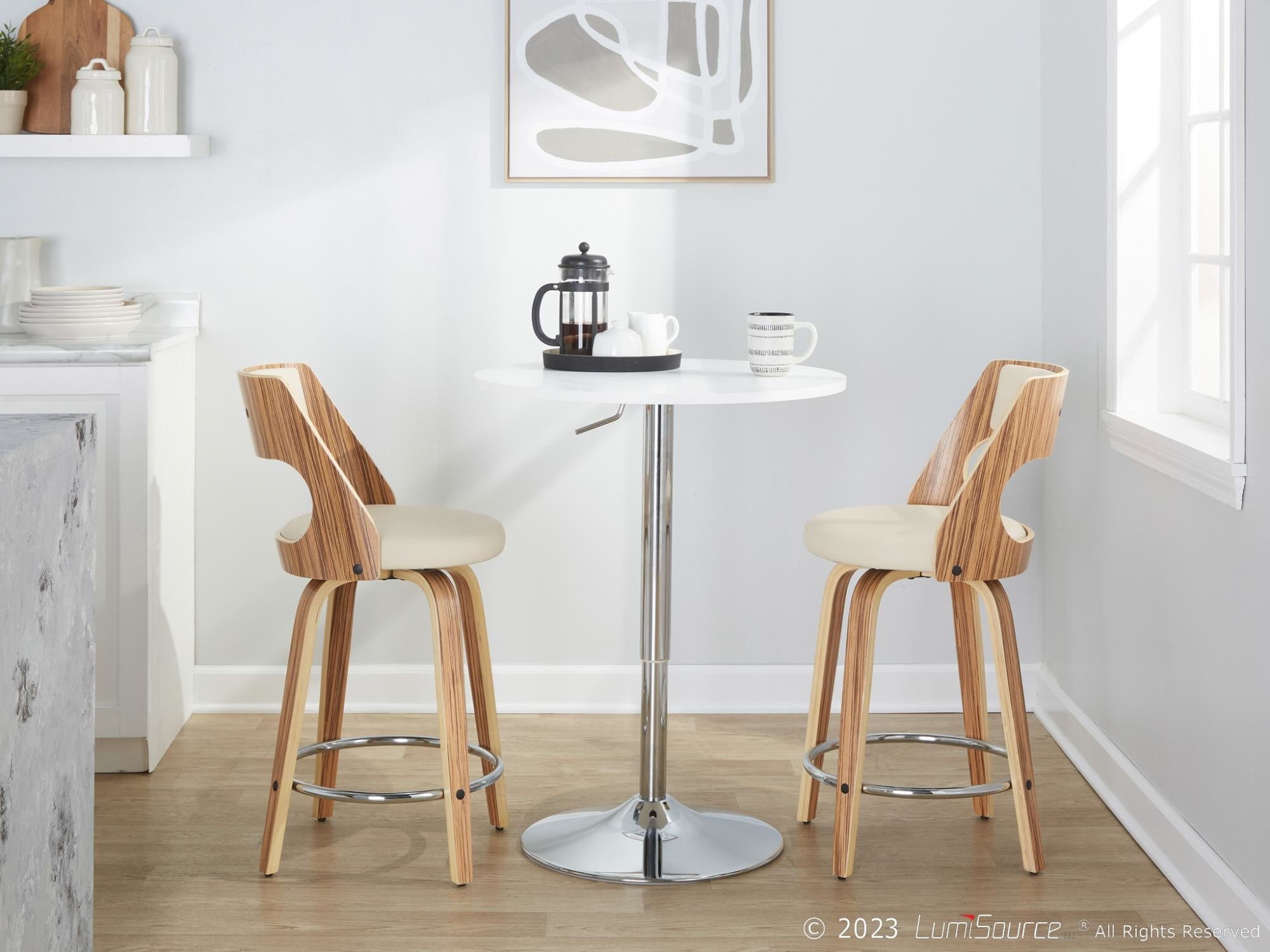 Cecina 24" Fixed-Height Counter Stool - Set of 2 - Chrome Metal, Zebra Wood, Cream PU