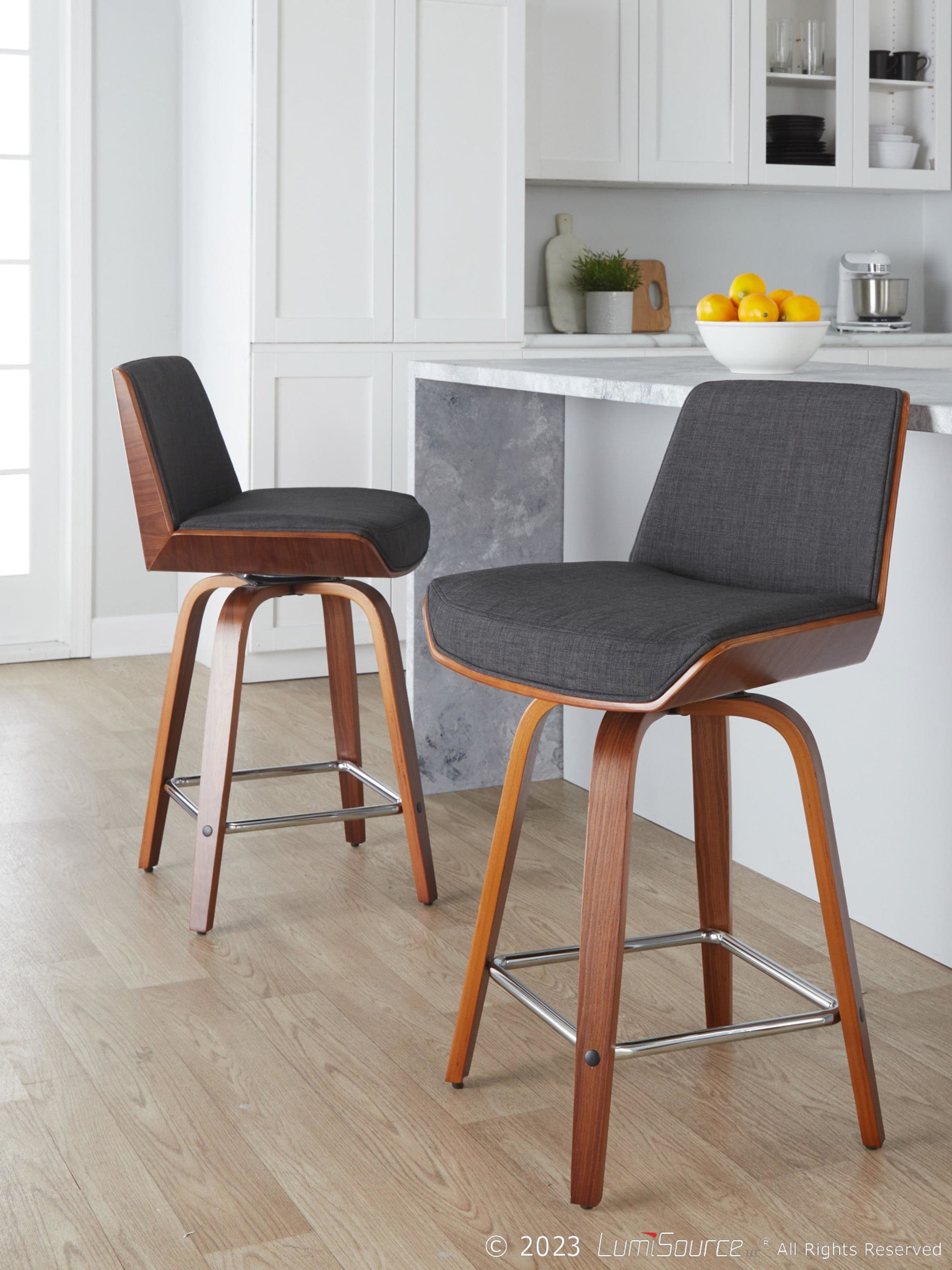Corazza 24" Fixed-Height Counter Stool - Set of 2 - Walnut Wood, Charcoal Fabric, Chrome Metal