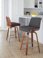 Corazza 24" Fixed-Height Counter Stool - Set of 2 - Walnut Wood, Charcoal Fabric, Chrome Metal