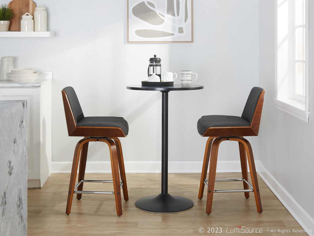 Corazza 24" Fixed-Height Counter Stool - Set of 2 - Walnut Wood, Charcoal Fabric, Chrome Metal