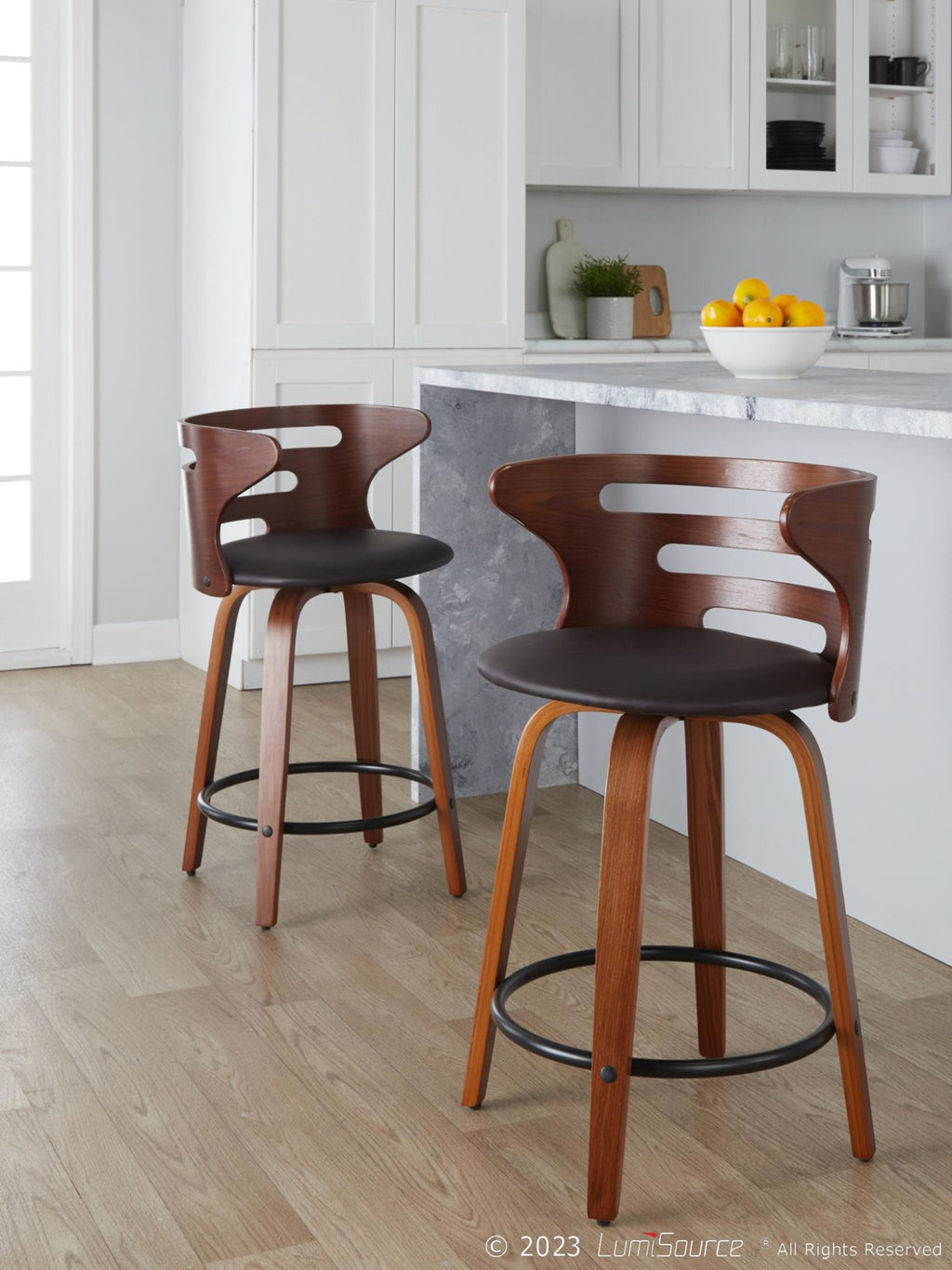 Cosini 24" Fixed-Height Counter Stool - Set of 2 - Walnut Wood, Brown PU, Black Metal