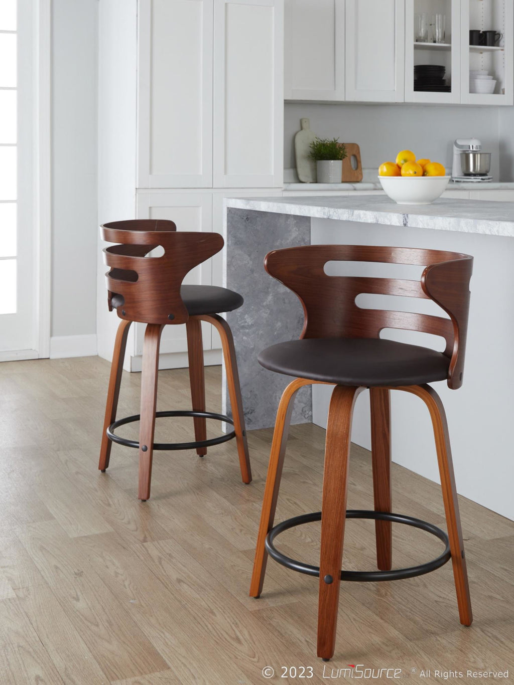 Cosini 24" Fixed-Height Counter Stool - Set of 2 - Walnut Wood, Brown PU, Black Metal