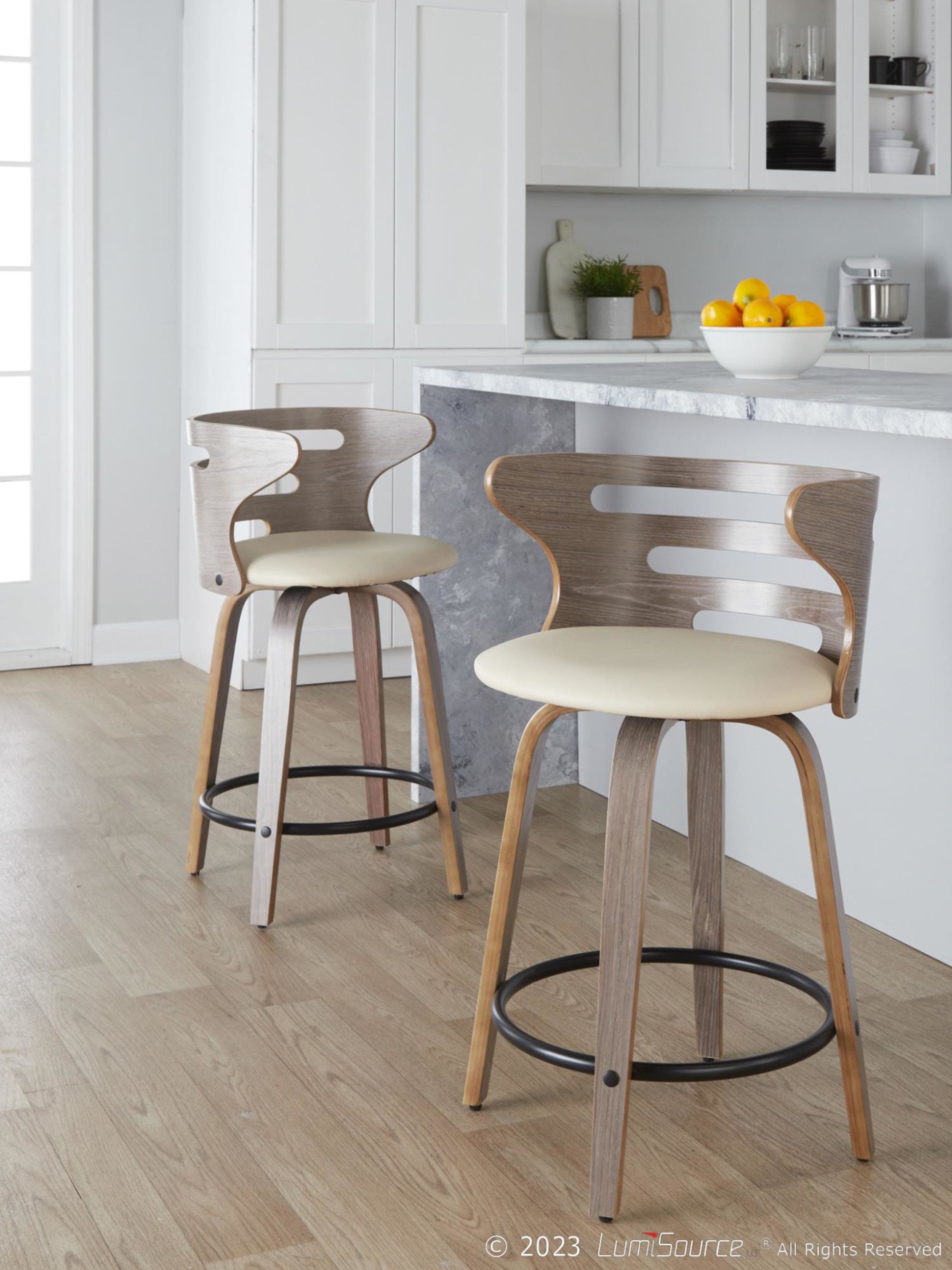 Cosini 24" Fixed-Height Counter Stool - Set of 2 - Light Grey Wood, Black Metal, Cream PU