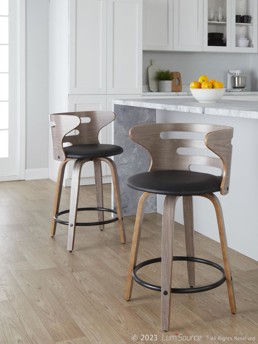 Cosini 24" Fixed-Height Counter Stool - Set of 2 - Light Grey Wood, Black Metal, Black PU
