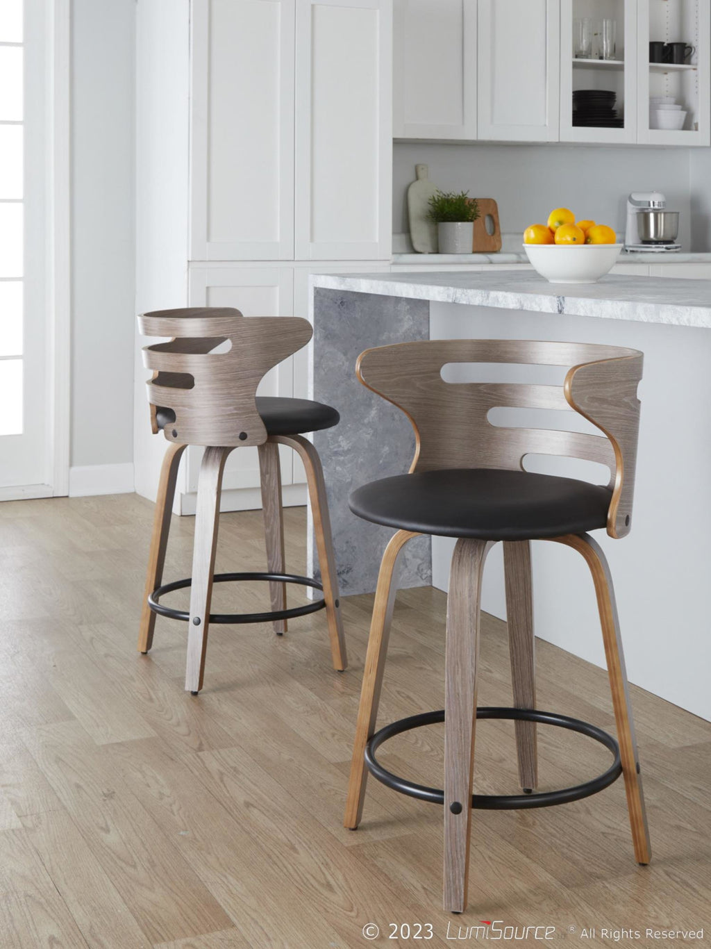 Cosini 24" Fixed-Height Counter Stool - Set of 2 - Light Grey Wood, Black Metal, Black PU