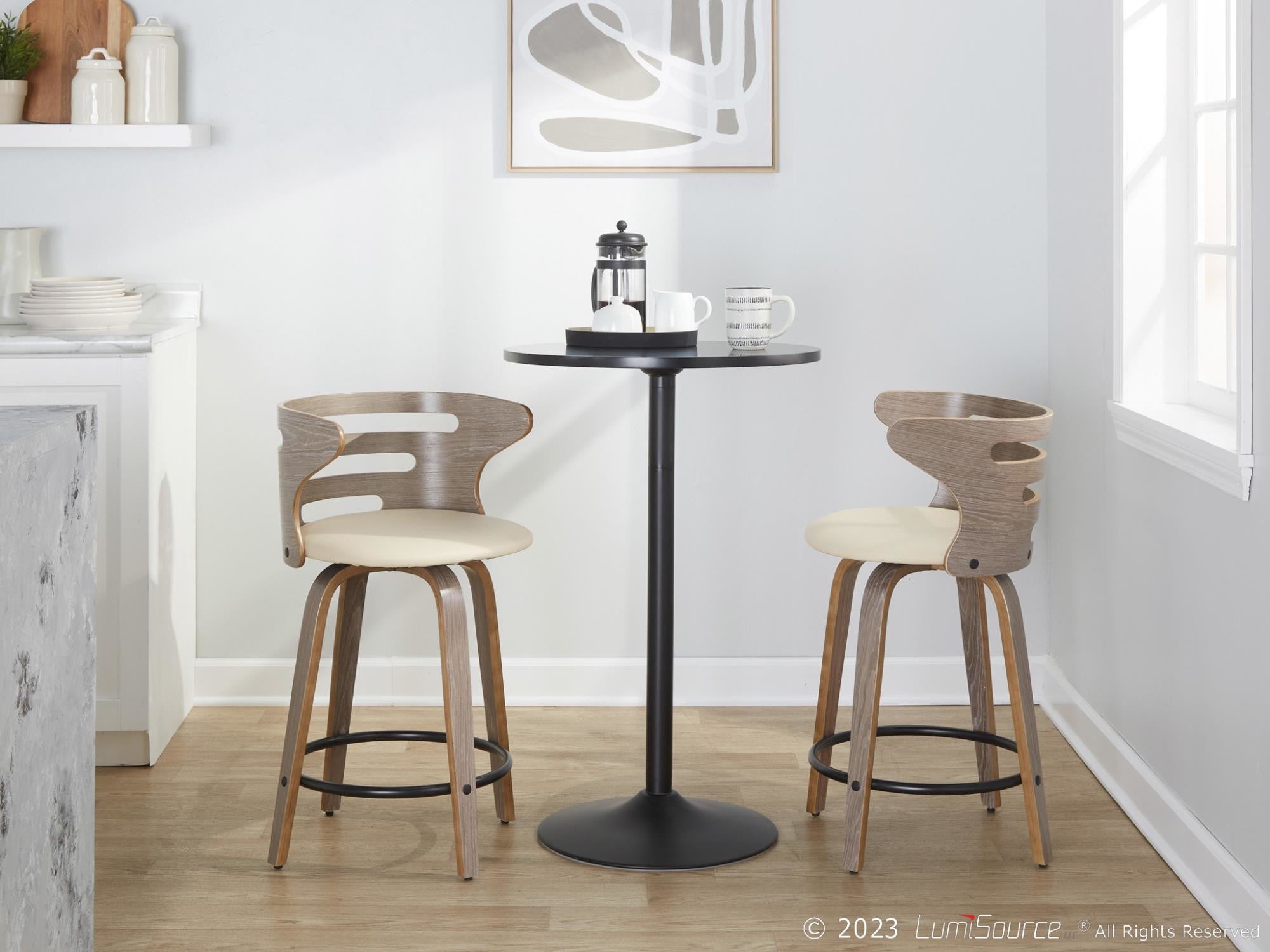 Cosini 24" Fixed-Height Counter Stool - Set of 2 - Light Grey Wood, Black Metal, Cream PU