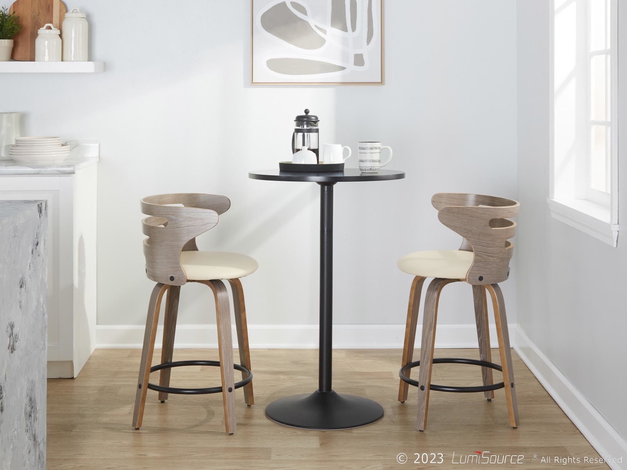 Cosini 24" Fixed-Height Counter Stool - Set of 2 - Light Grey Wood, Black Metal, Cream PU