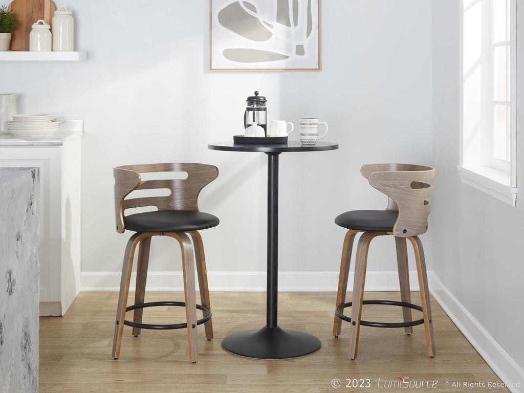 Cosini 24" Fixed-Height Counter Stool - Set of 2 - Light Grey Wood, Black Metal, Black PU