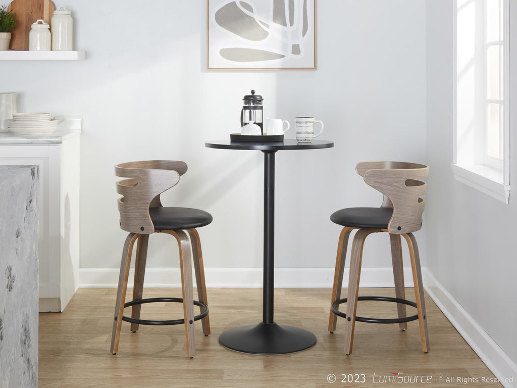 Cosini 24" Fixed-Height Counter Stool - Set of 2 - Light Grey Wood, Black Metal, Black PU