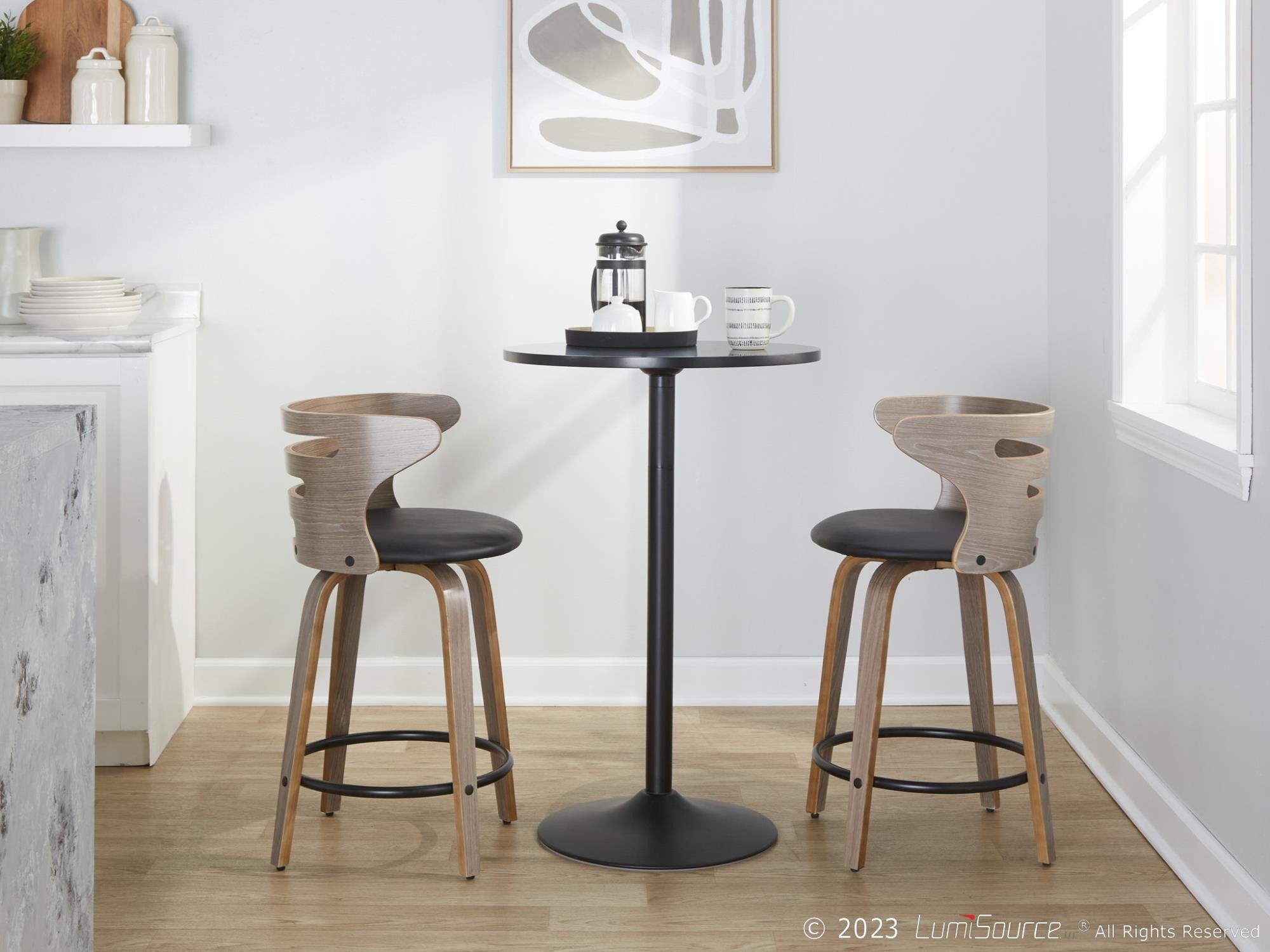 Cosini 24" Fixed-Height Counter Stool - Set of 2 - Light Grey Wood, Black Metal, Black PU