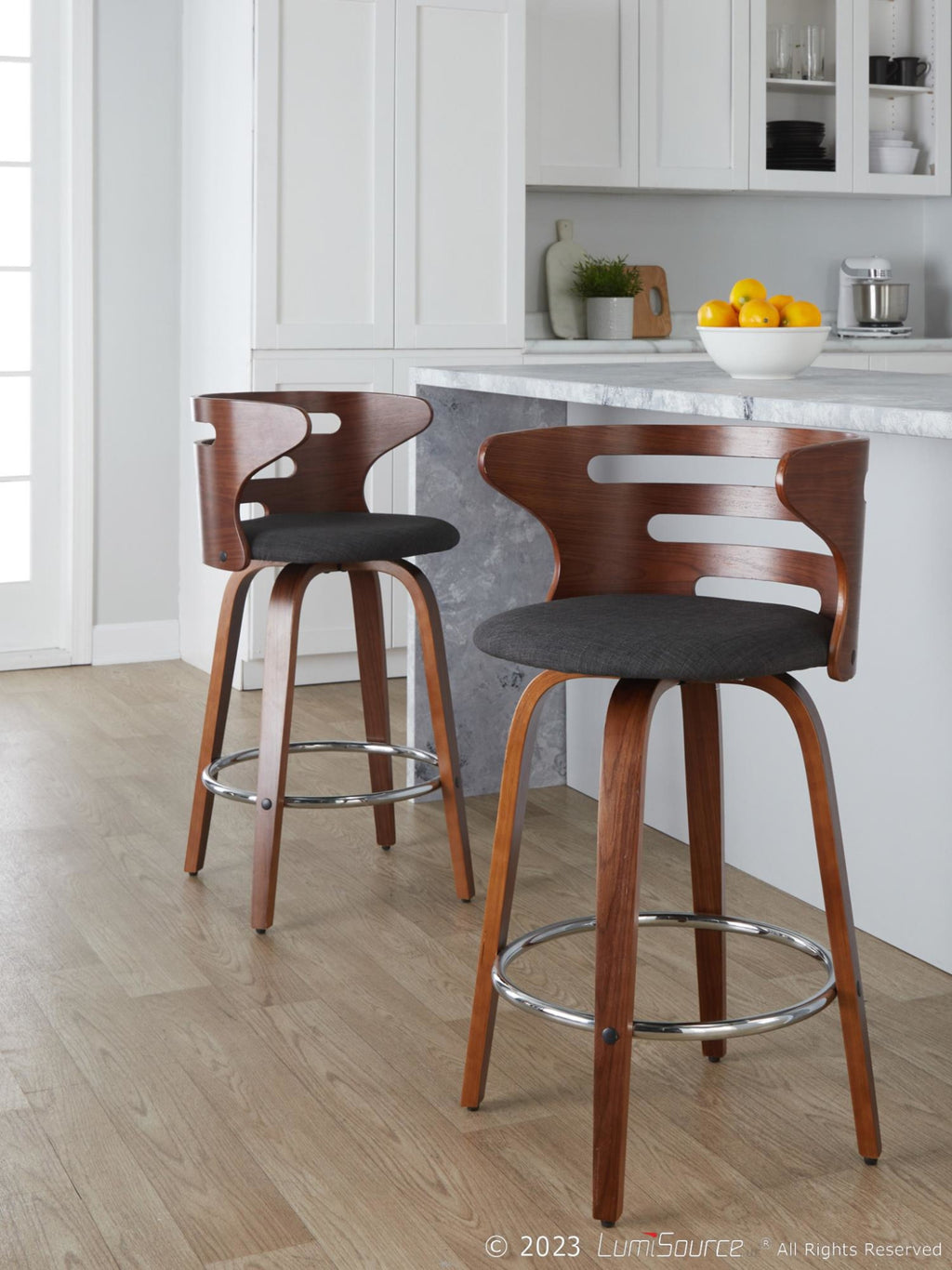 Cosini 26" Fixed-Height Counter Stool - Set of 2 - Walnut Wood, Charcoal Fabric, Chrome Metal