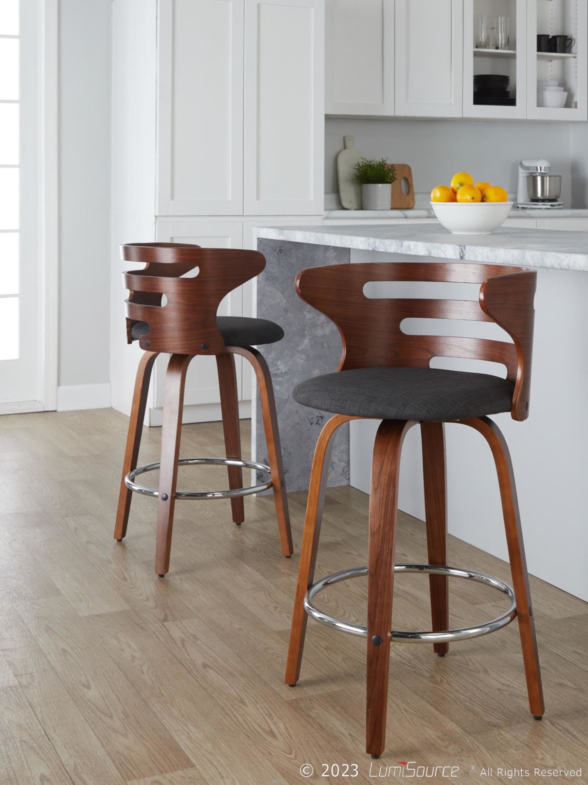 Cosini 26" Fixed-Height Counter Stool - Set of 2 - Walnut Wood, Charcoal Fabric, Chrome Metal