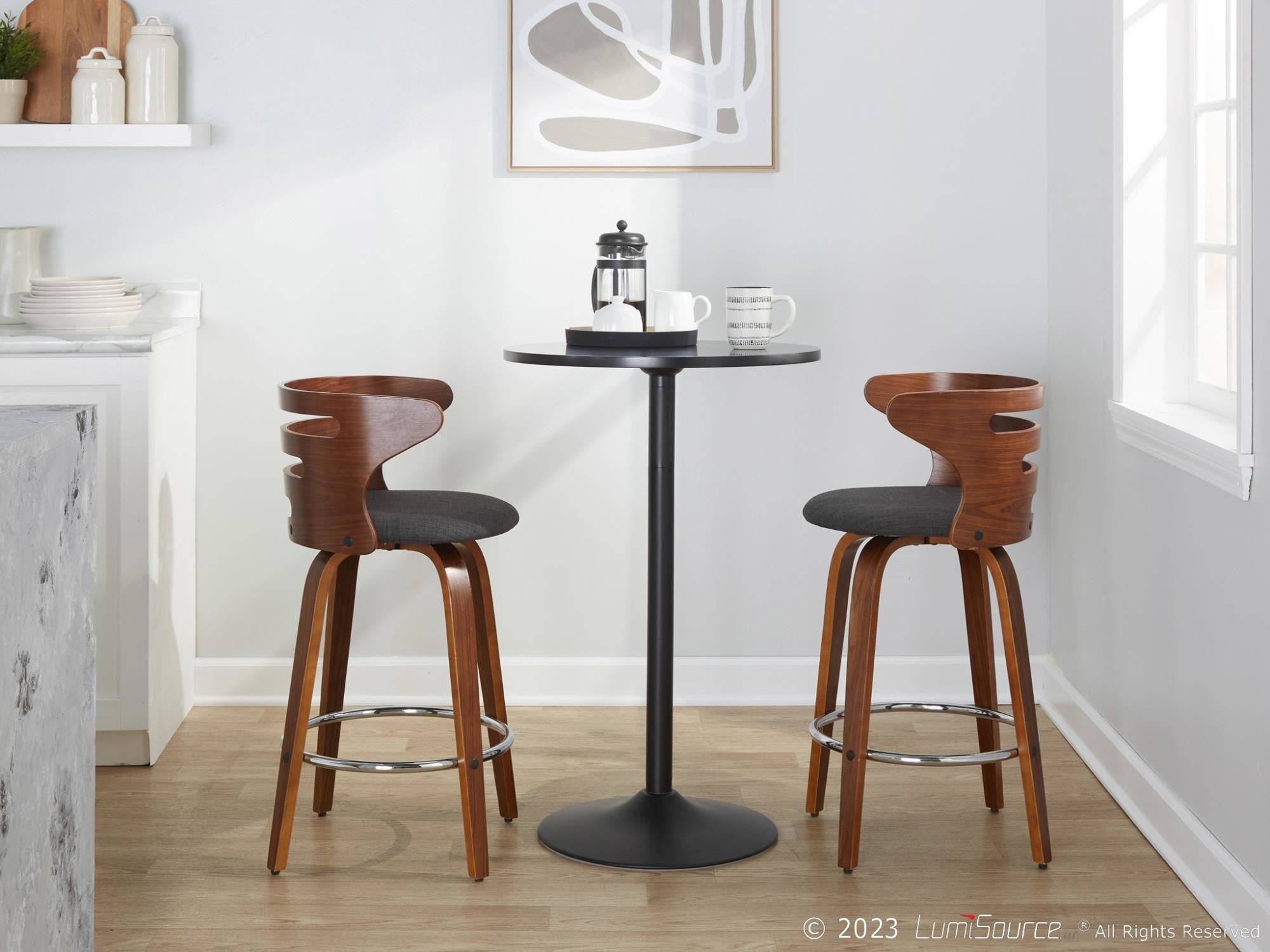 Cosini 26" Fixed-Height Counter Stool - Set of 2 - Walnut Wood, Charcoal Fabric, Chrome Metal