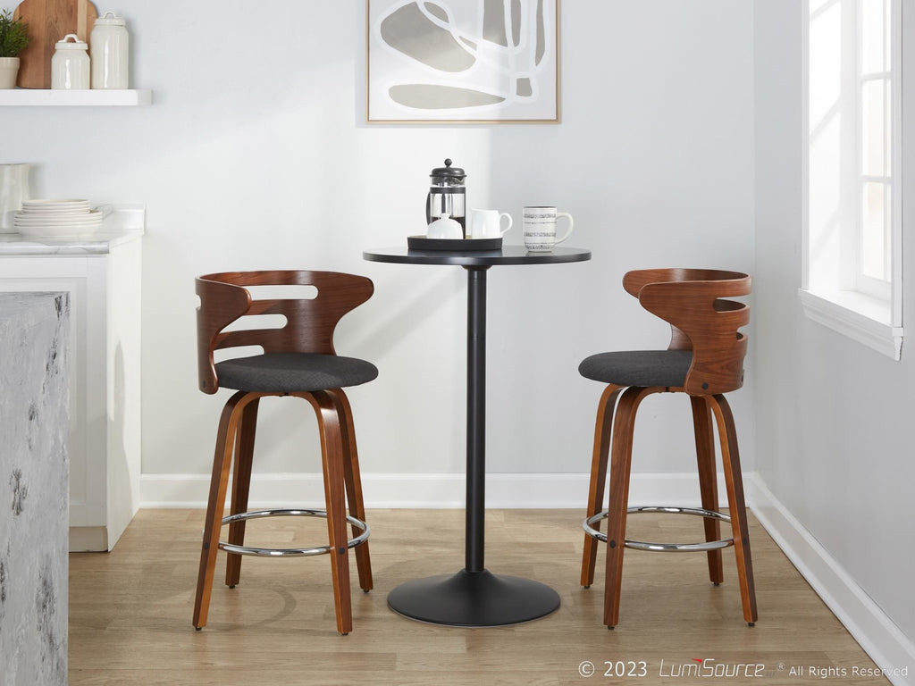 Cosini 26" Fixed-Height Counter Stool - Set of 2 - Walnut Wood, Charcoal Fabric, Chrome Metal