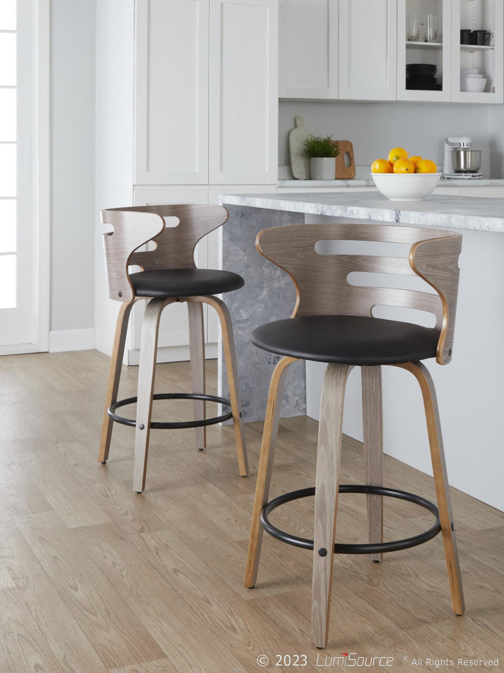Cosini 26" Fixed-Height Counter Stool - Set of 2 - Light Grey Wood, Black PU, Black Metal