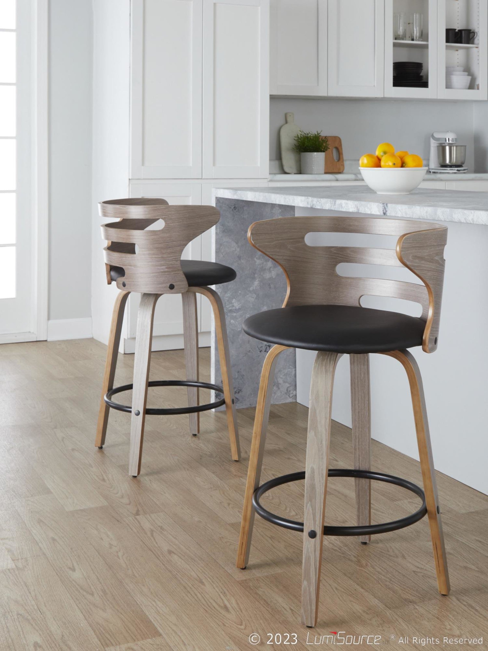 Cosini 26" Fixed-Height Counter Stool - Set of 2 - Light Grey Wood, Black PU, Black Metal