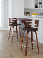 Cosini 26" Fixed-Height Counter Stool - Set of 2 - Walnut Wood, Brown PU, Chrome Metal