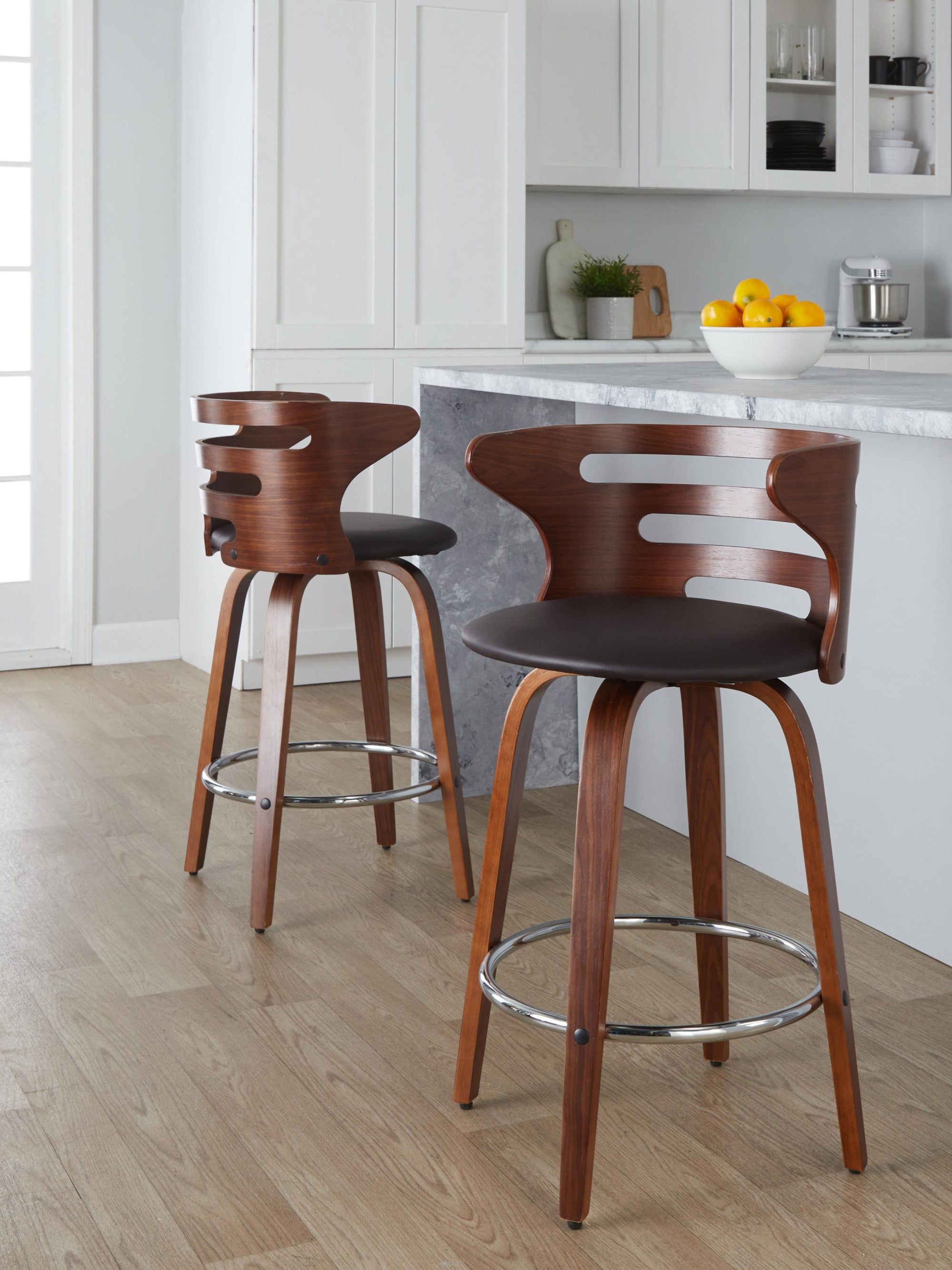 Cosini 26" Fixed-Height Counter Stool - Set of 2 - Walnut Wood, Brown PU, Chrome Metal