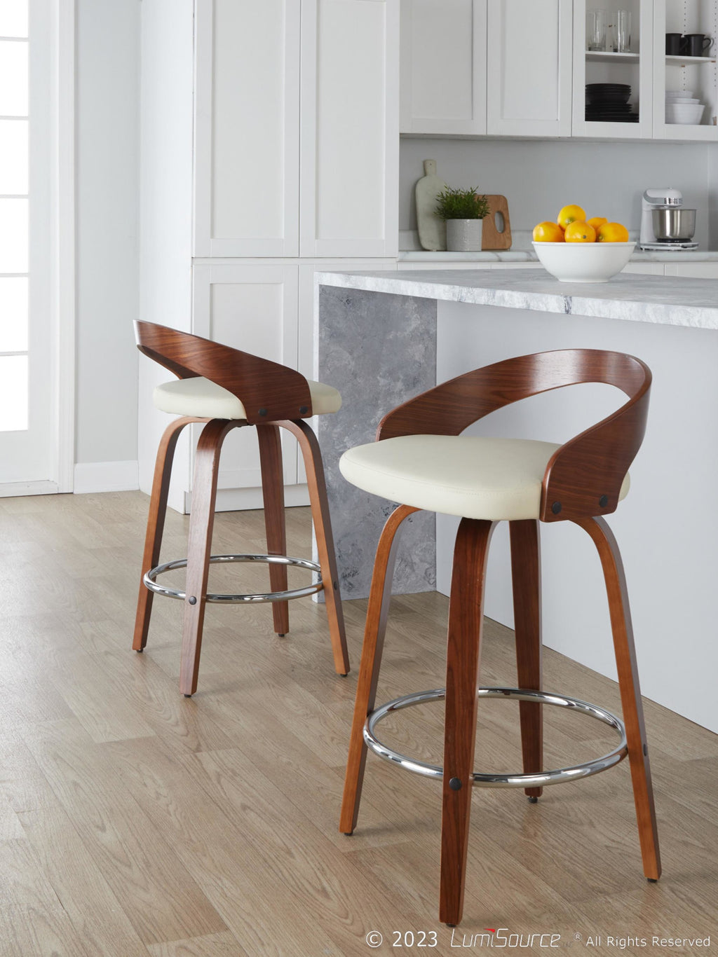 Grotto 26" Fixed-Height Counter Stool - Set of 2 - Walnut Wood, Chrome Metal, Cream PU