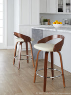 Grotto 26" Fixed-Height Counter Stool - Set of 2 - Walnut Wood, Chrome Metal, Cream PU