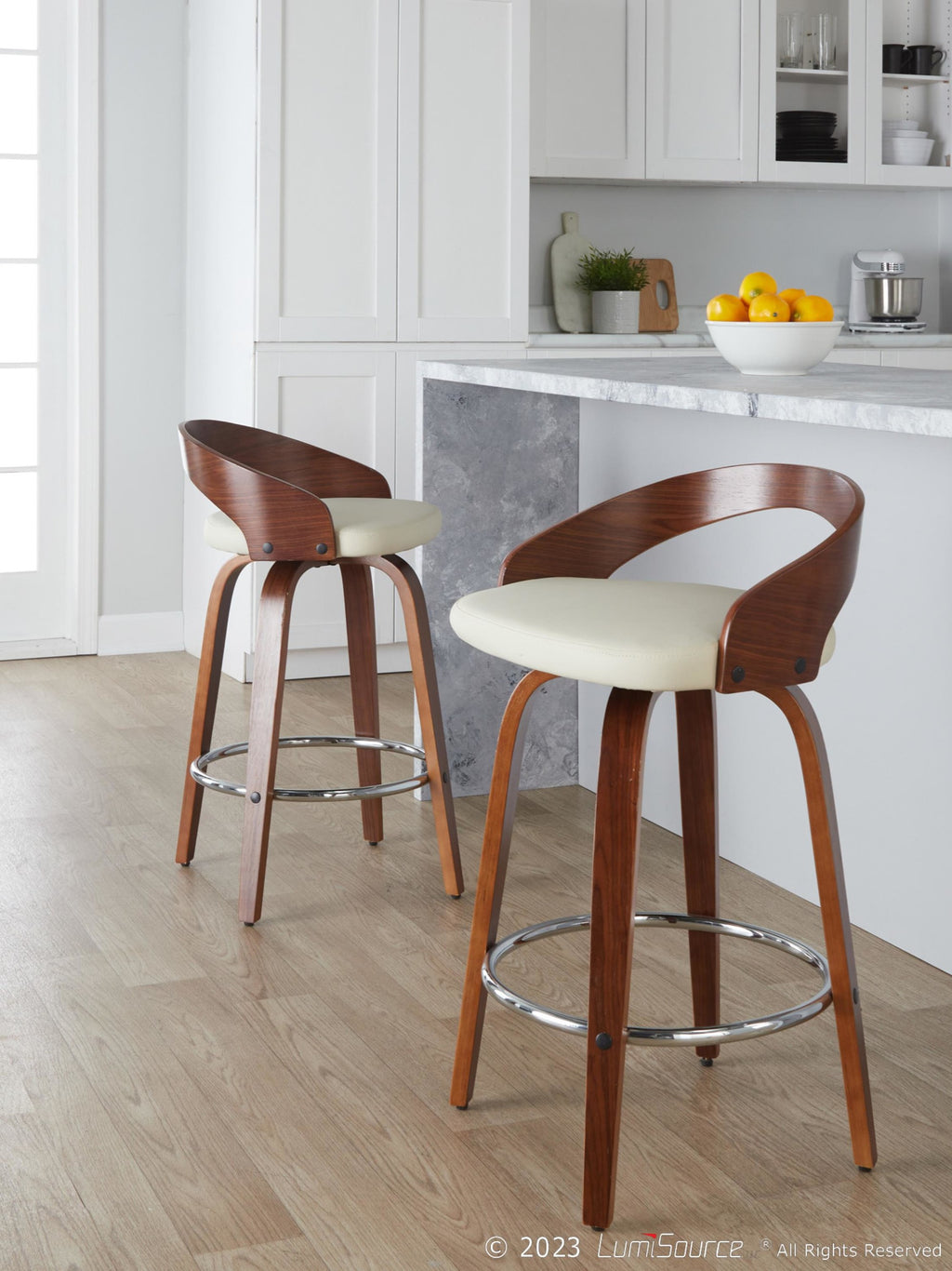 Grotto 26" Fixed-Height Counter Stool - Set of 2 - Walnut Wood, Chrome Metal, Cream PU