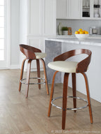 Grotto 26" Fixed-Height Counter Stool - Set of 2 - Walnut Wood, Chrome Metal, Cream PU