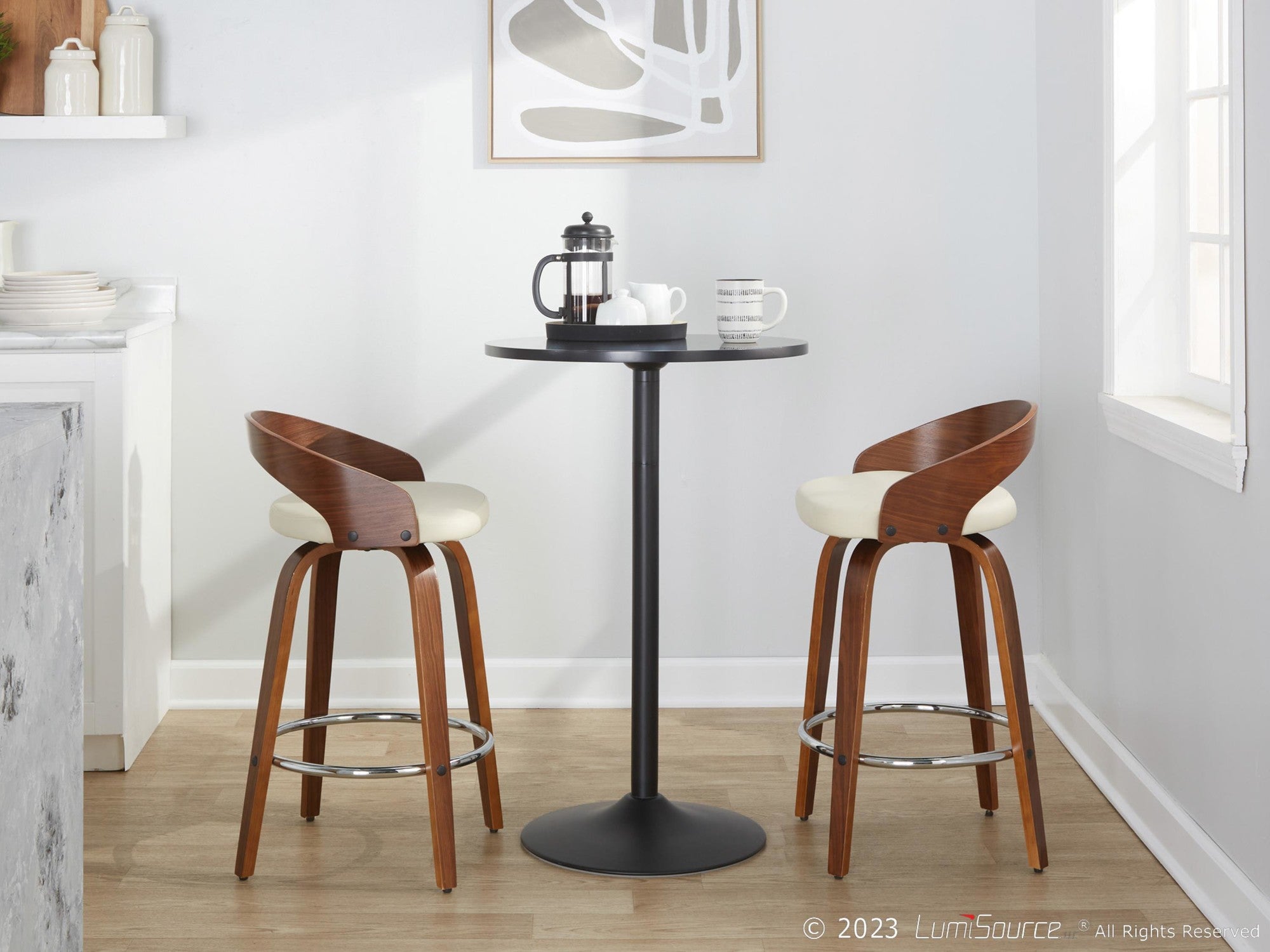 Grotto 26" Fixed-Height Counter Stool - Set of 2 - Walnut Wood, Chrome Metal, Cream PU