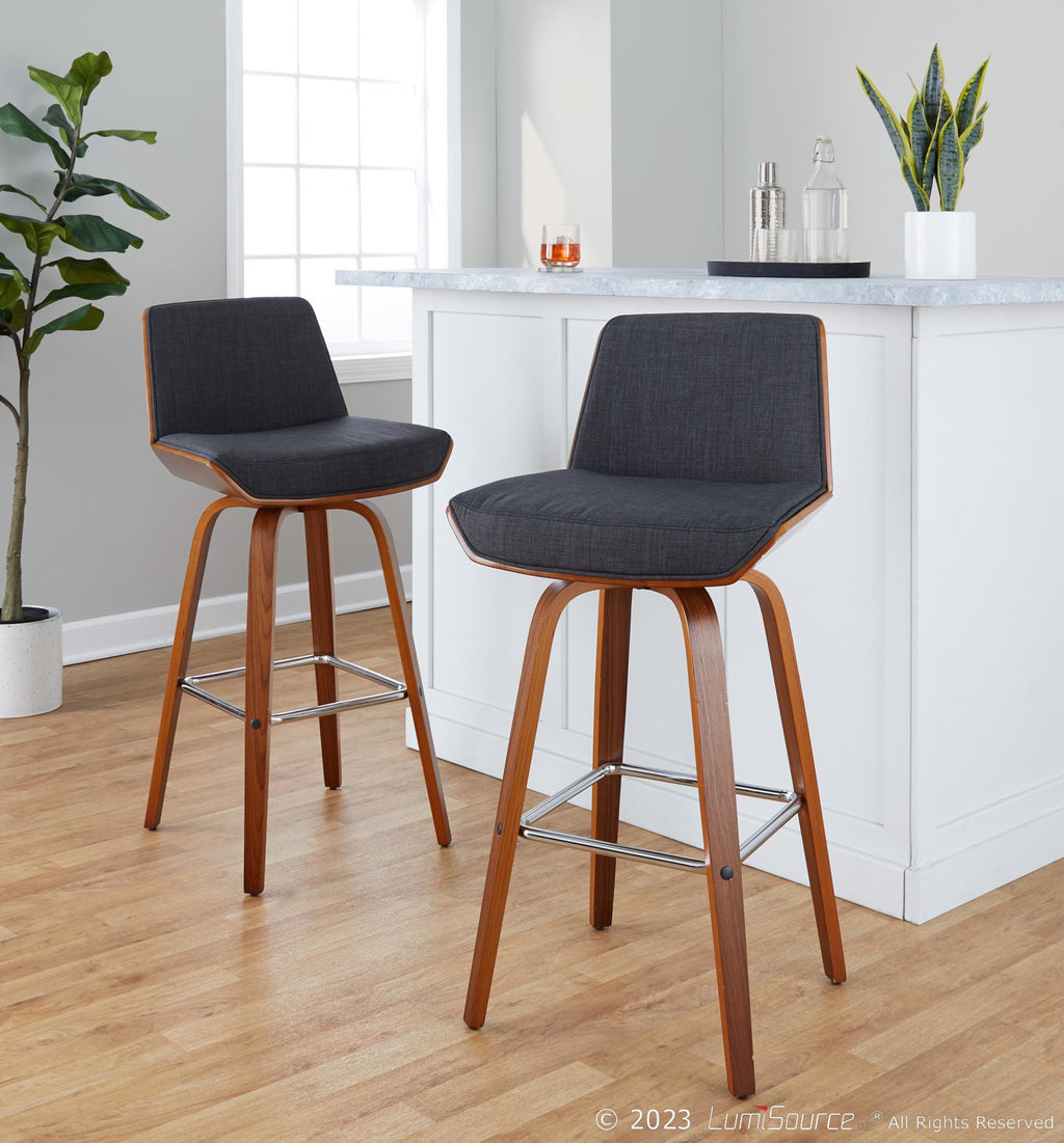 Corazza 30" Fixed-Height Barstool - Set of 2 - Walnut Wood, Charcoal Fabric, Chrome Metal
