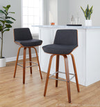 Corazza 30" Fixed-Height Barstool - Set of 2 - Walnut Wood, Charcoal Fabric, Chrome Metal